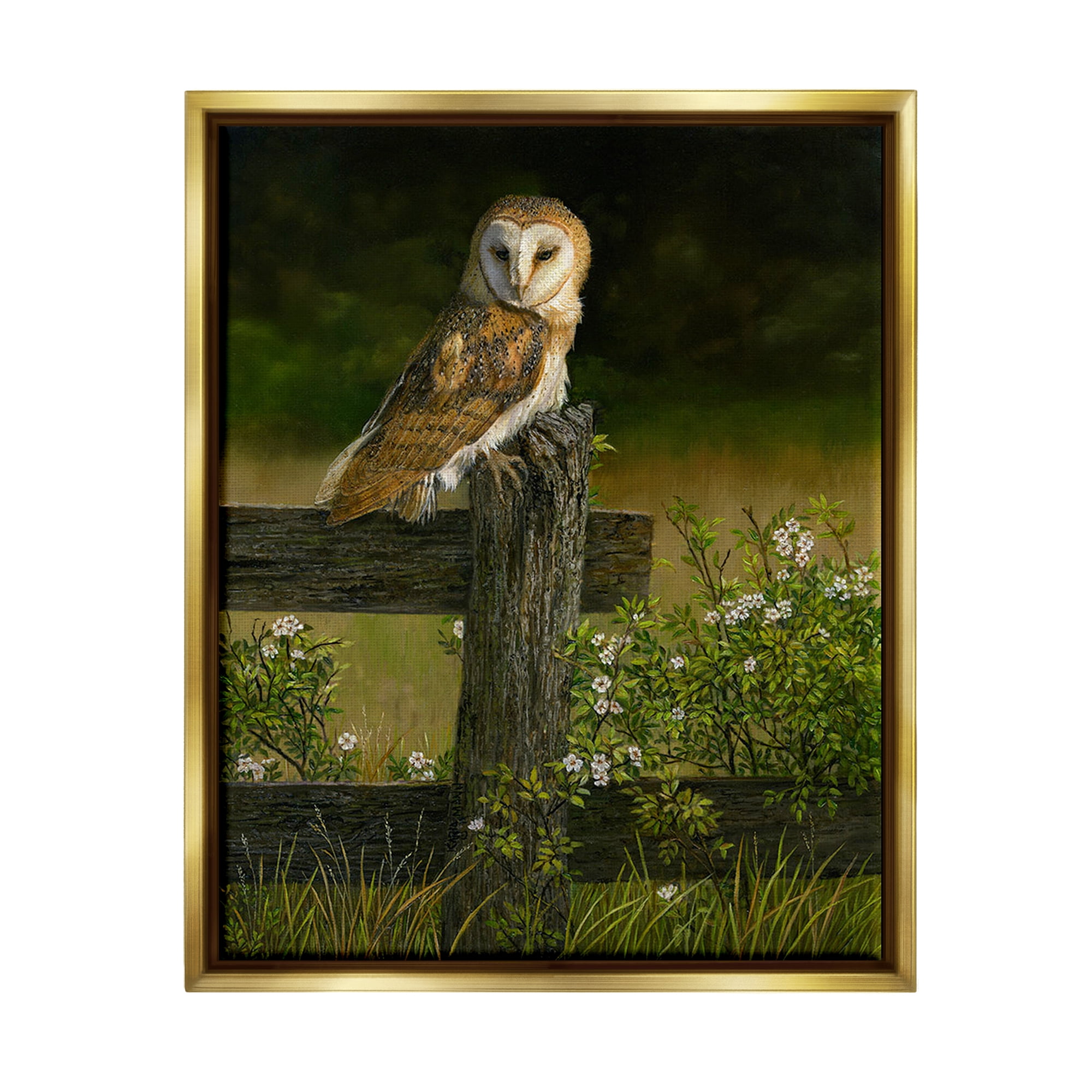 Stupell Industries Barn Owl on Fence Animals & Insects Painting Gold Floater Framed Canvas Art Print Wall Art, 25 x 31