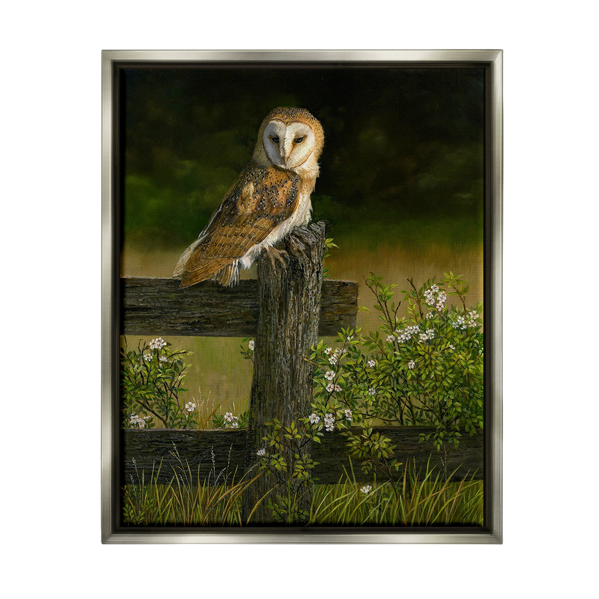 Stupell Industries Barn Owl on Fence Animals & Insects Painting Gray Floater Framed Canvas Art Print Wall Art, 25 x 31