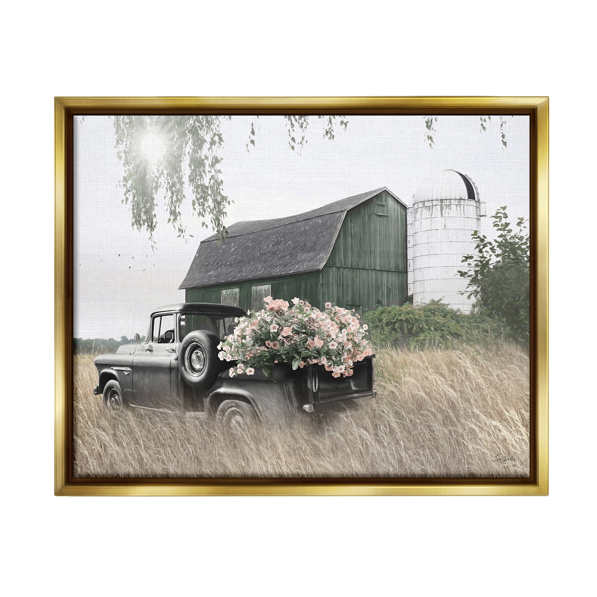 Stupell Industries Barn & Truck with Florals Landscape Photography Gold Floater Framed Canvas Art Print Wall Art, 31 x 25