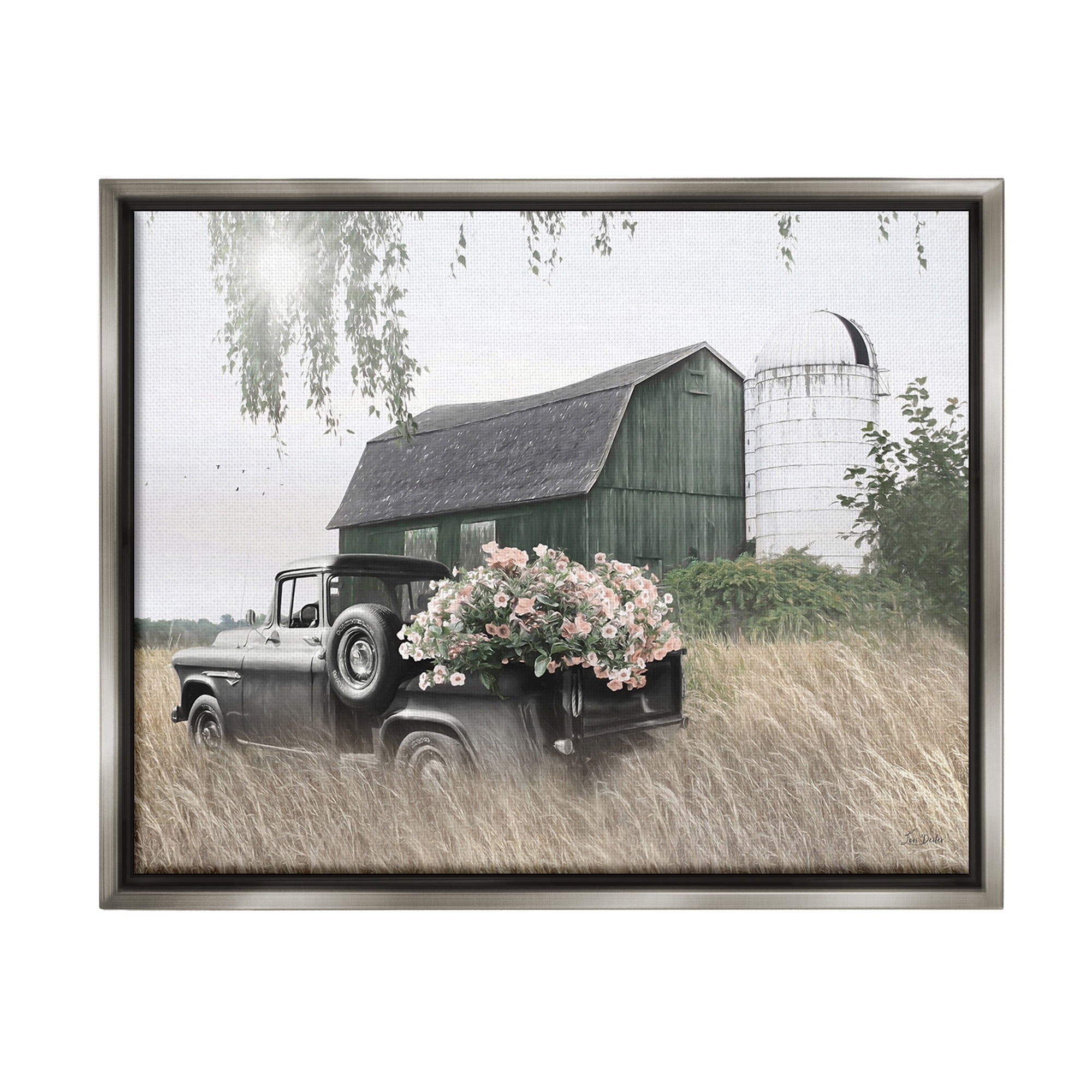 Stupell Industries Barn & Truck with Florals Landscape Photography Gray Floater Framed Canvas Art Print Wall Art, 31 x 25