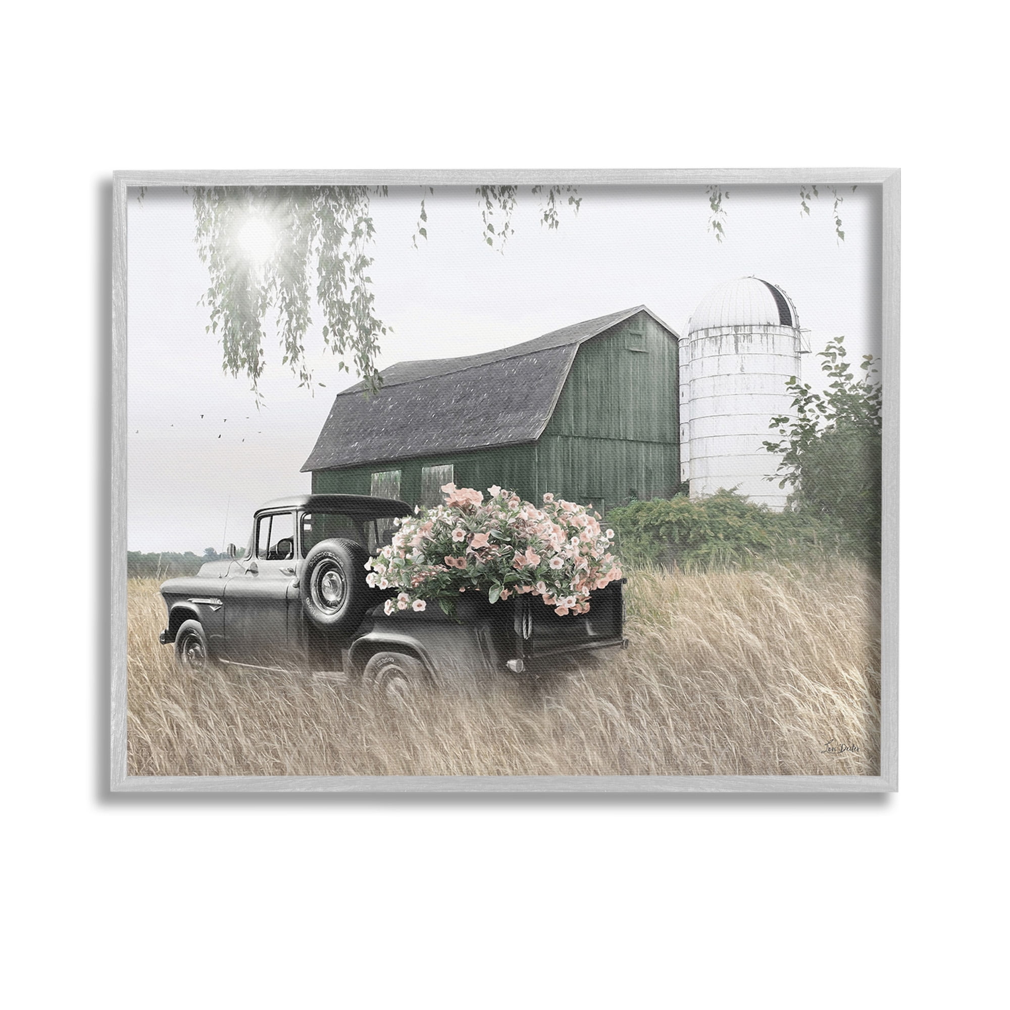 Stupell Industries Barn & Truck with Florals Landscape Photography Gray Framed Art Print Wall Art, 14 x 11