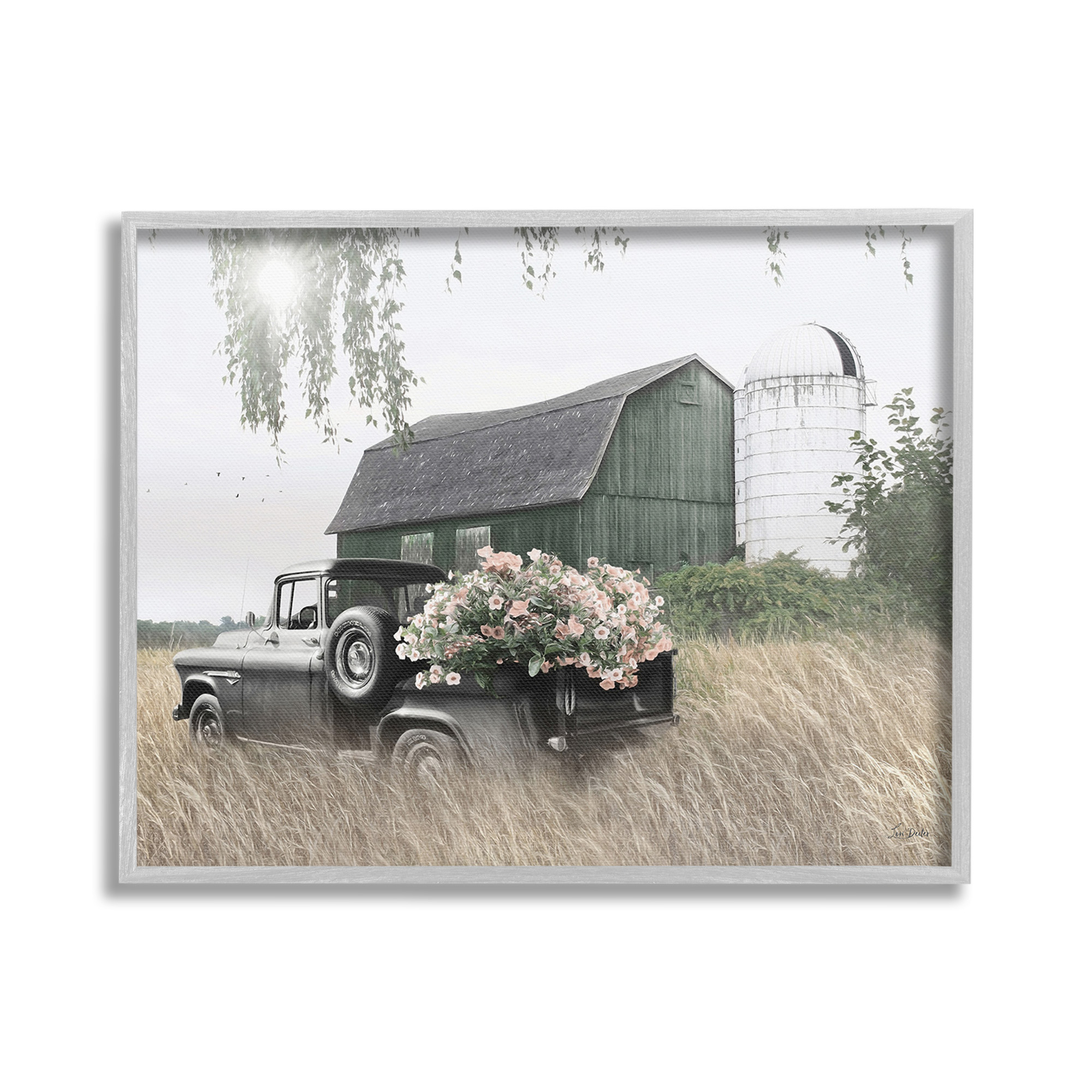 Stupell Industries Barn & Truck with Florals Landscape Photography Gray Framed Art Print Wall Art, 20 x 16