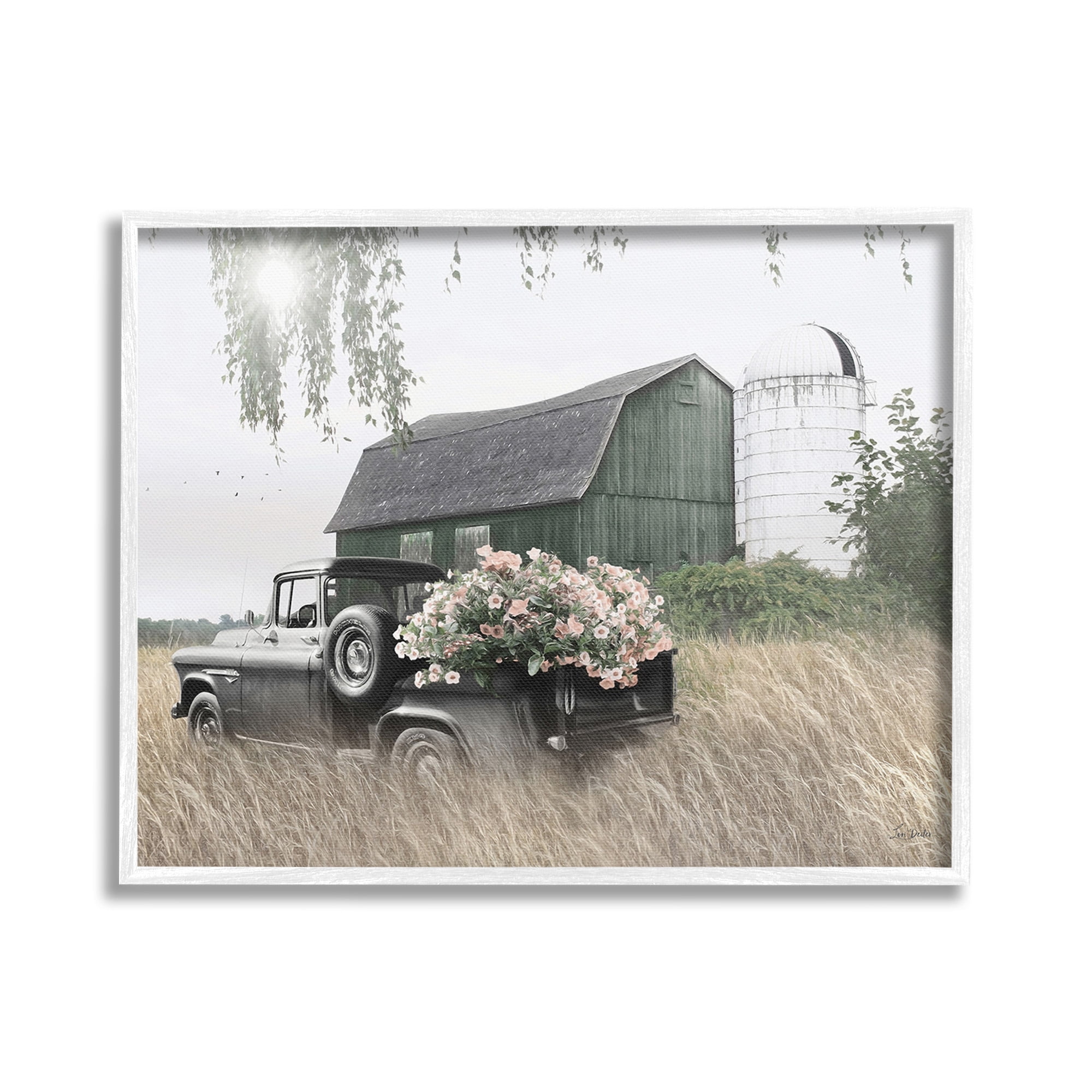 Stupell Industries Barn & Truck with Florals Landscape Photography White Framed Art Print Wall Art, 20 x 16