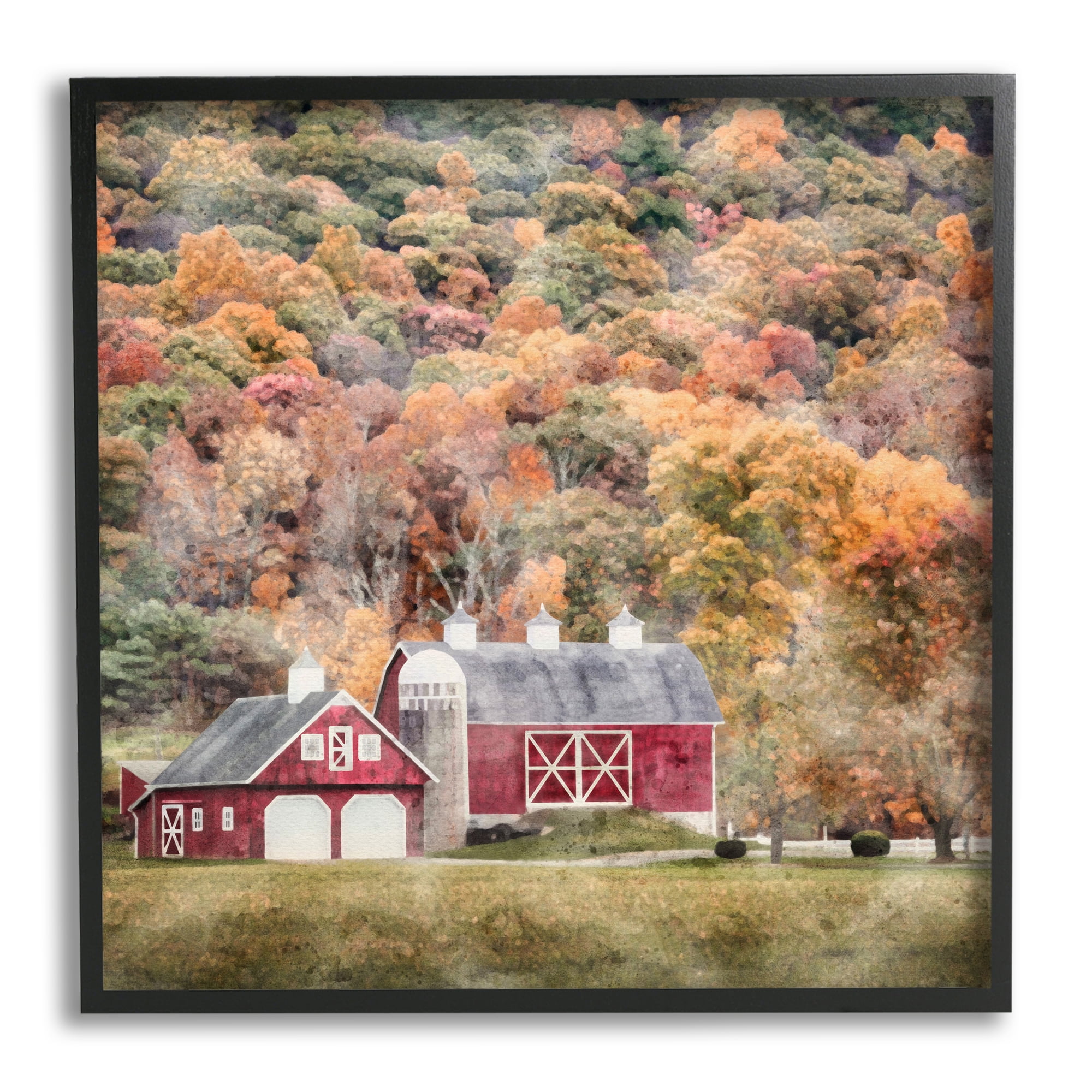 Stupell Industries Barn in Autumn Scene Nature Painting Black Framed Art Print Wall Art, 17 x 17