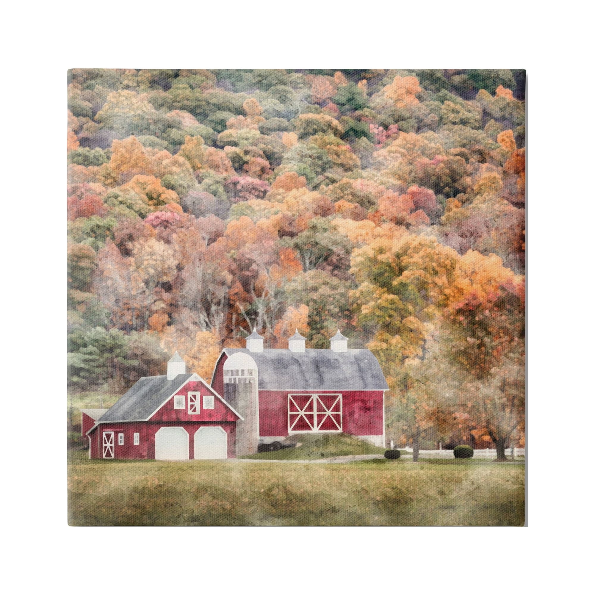 Stupell Industries Barn in Autumn Scene Nature Painting Gallery Wrapped Canvas Print Wall Art, 17 x 17