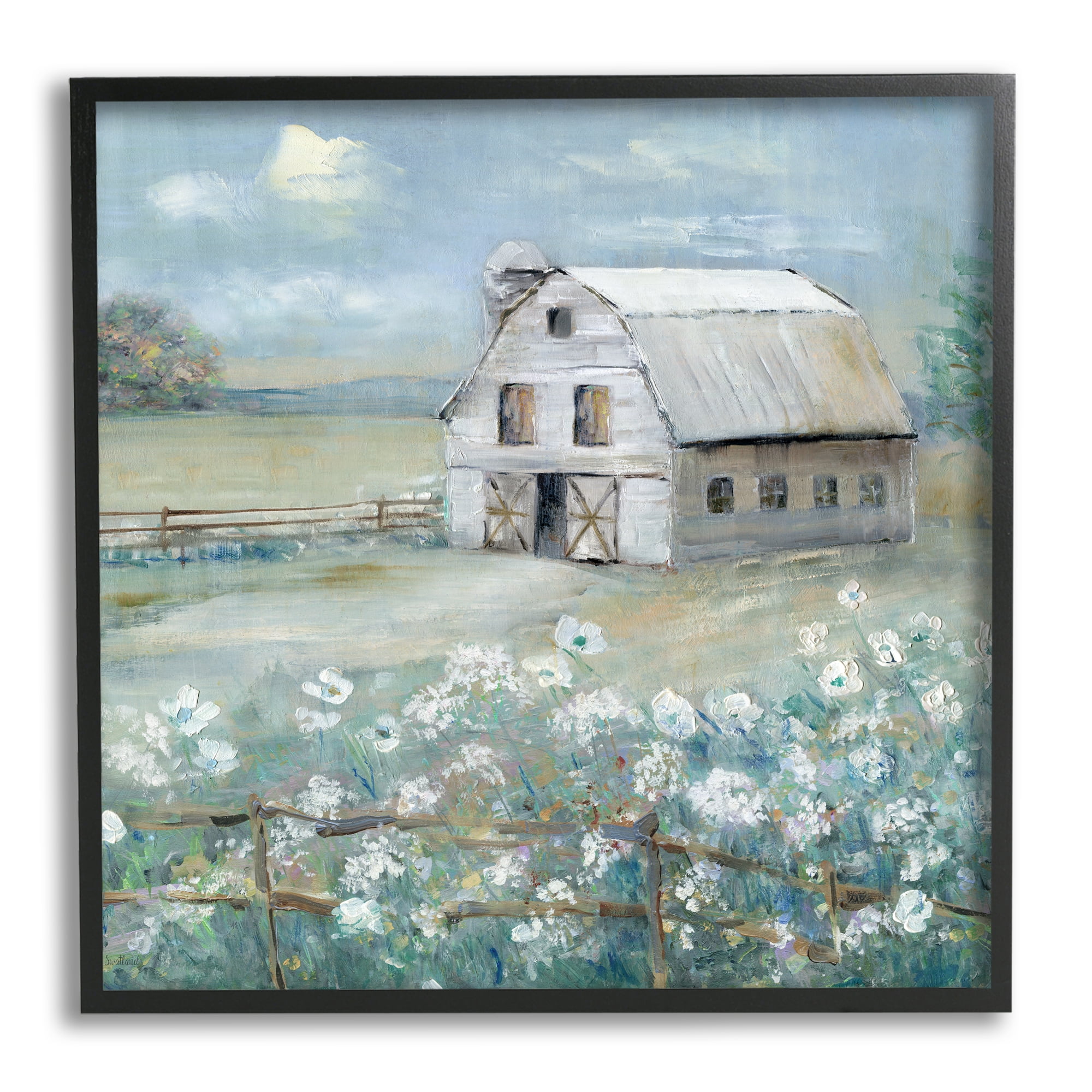 Stupell Industries Barn in Floral Meadow Landscape Painting Black Framed Art Print Wall Art, 24 x 24