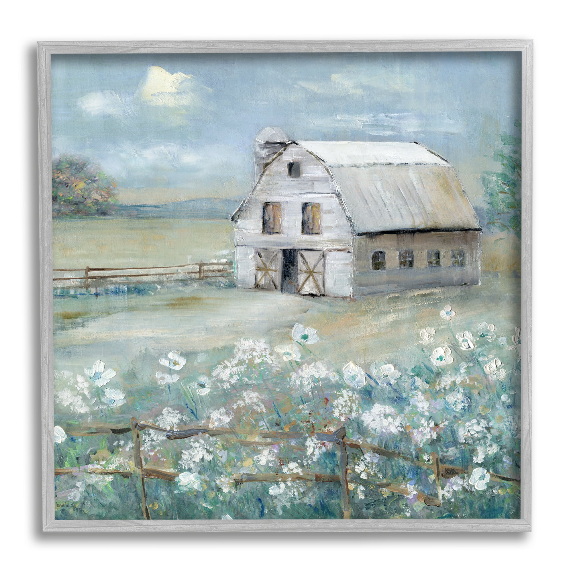Stupell Industries Barn in Floral Meadow Landscape Painting Gray Framed Art Print Wall Art, 17 x 17