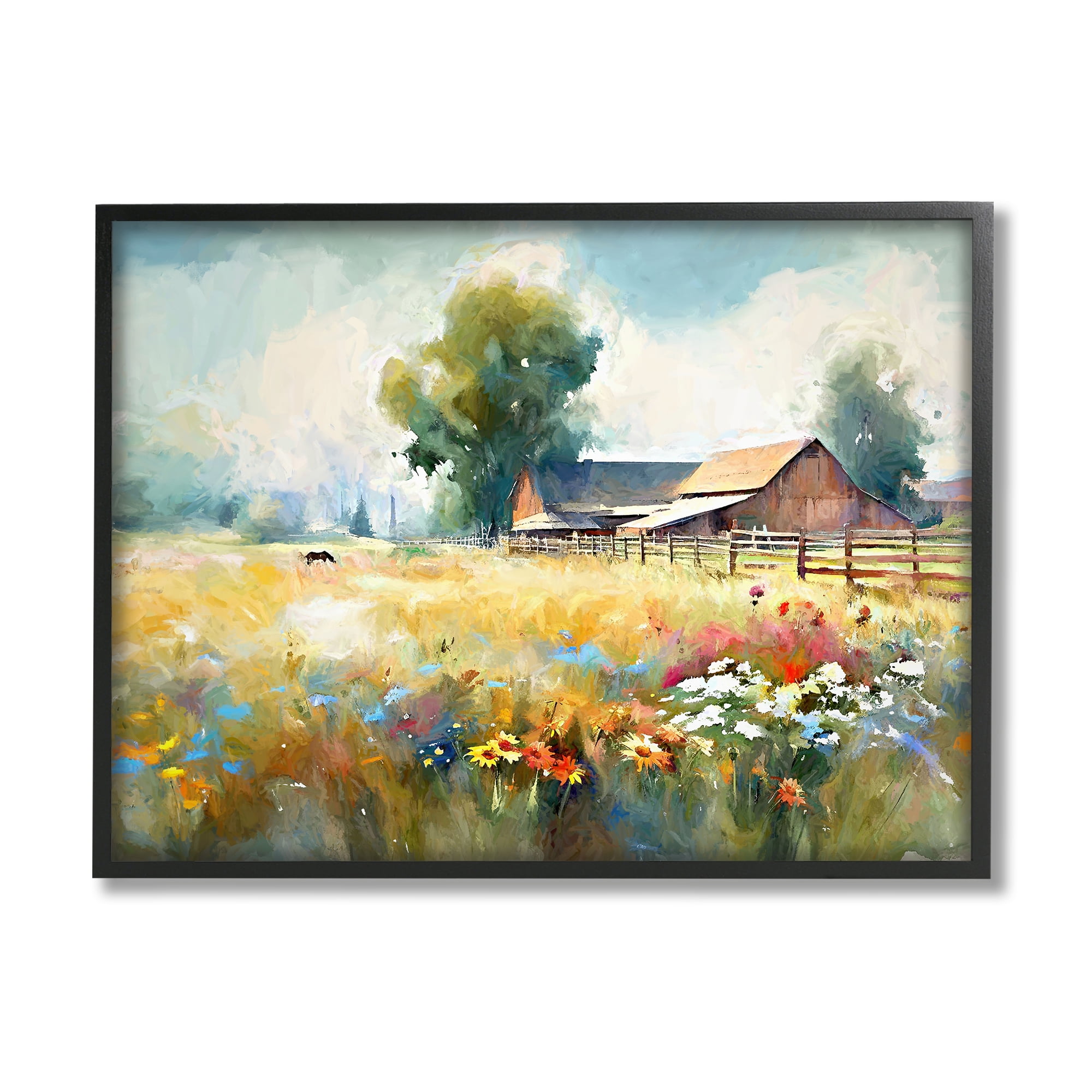 Stupell Industries Barn in Meadow Painting Landscape Painting Black Framed Art Print Wall Art, 20 x 16
