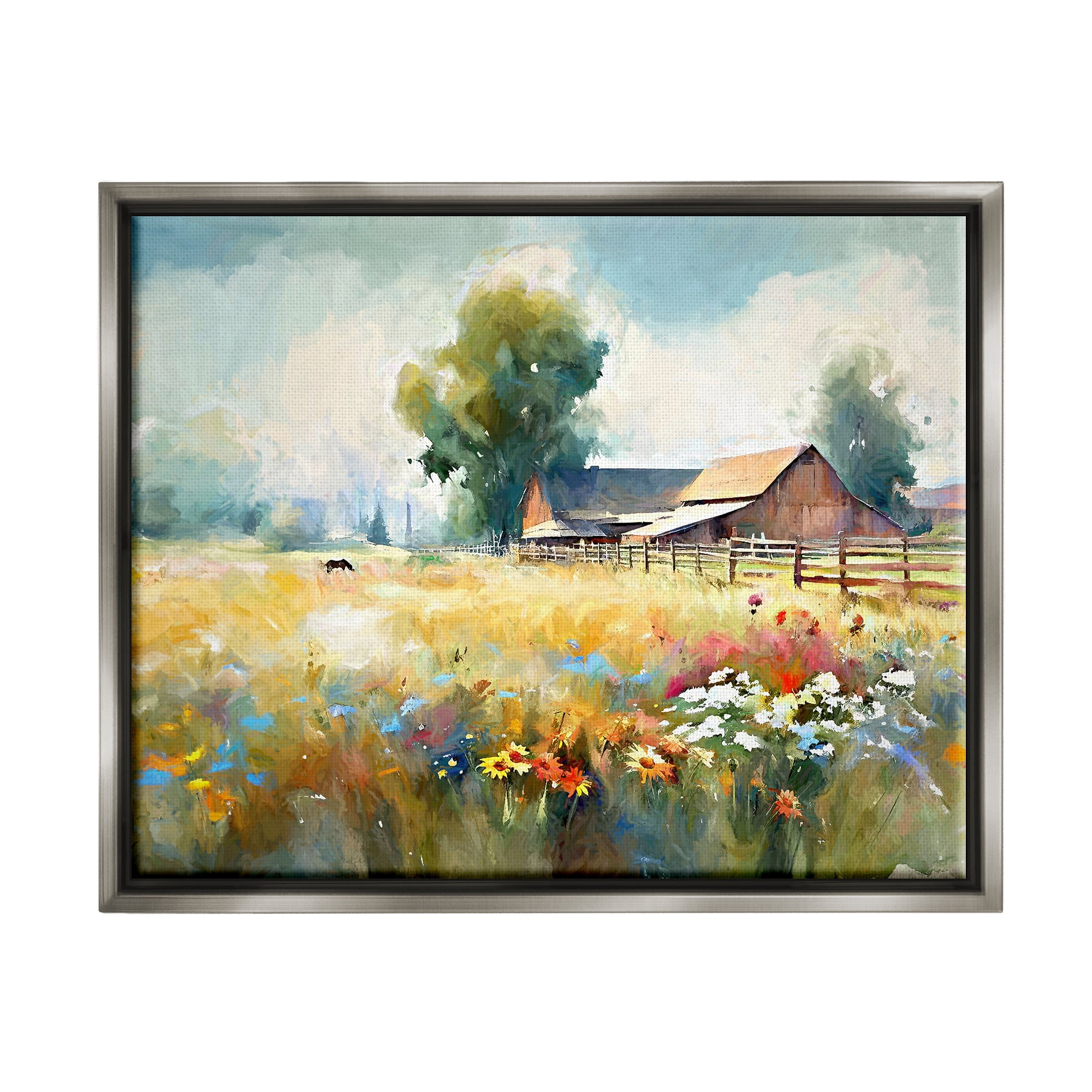 Stupell Industries Barn in Meadow Painting Landscape Painting Gray Floater Framed Canvas Art Print Wall Art, 31 x 25