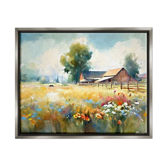 Stupell Industries Barn in Meadow Painting Landscape Painting Gray Floater Framed Canvas Art Print Wall Art, 31 x 25