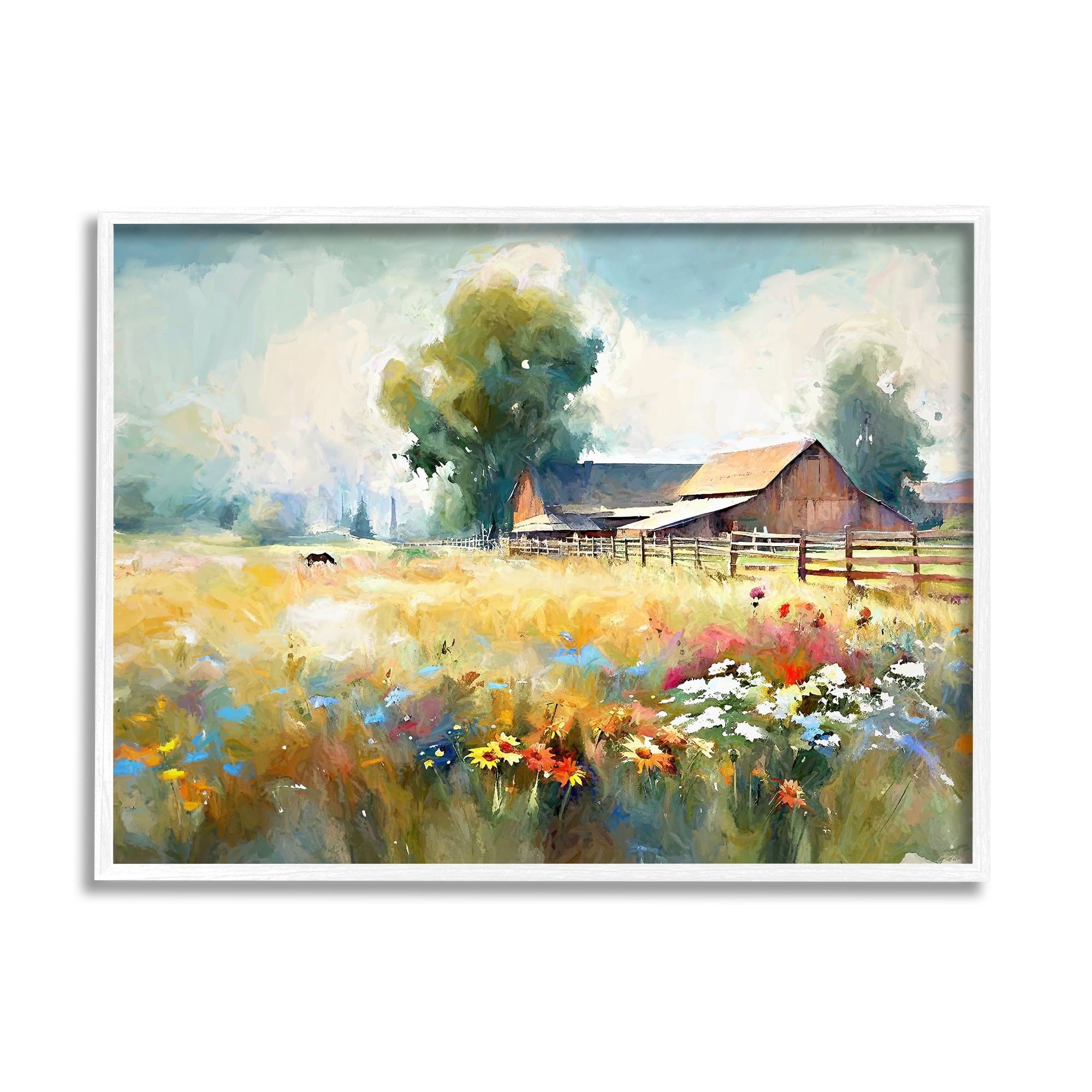 Stupell Industries Barn in Meadow Painting Landscape Painting White Framed Art Print Wall Art, 14 x 11