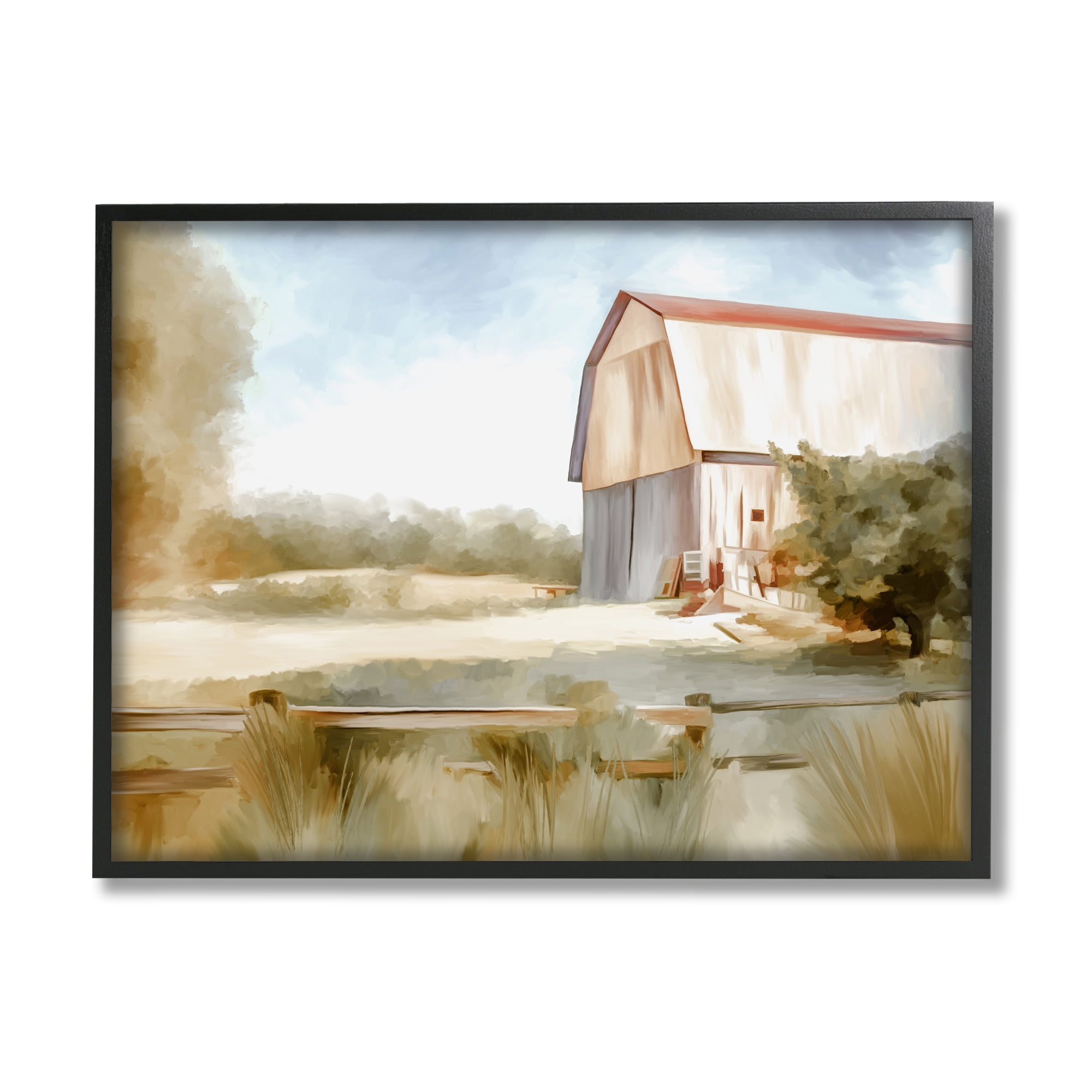 Stupell Industries Barn in Rural Farmland Nature Painting Black Framed Art Print Wall Art, 20 x 16