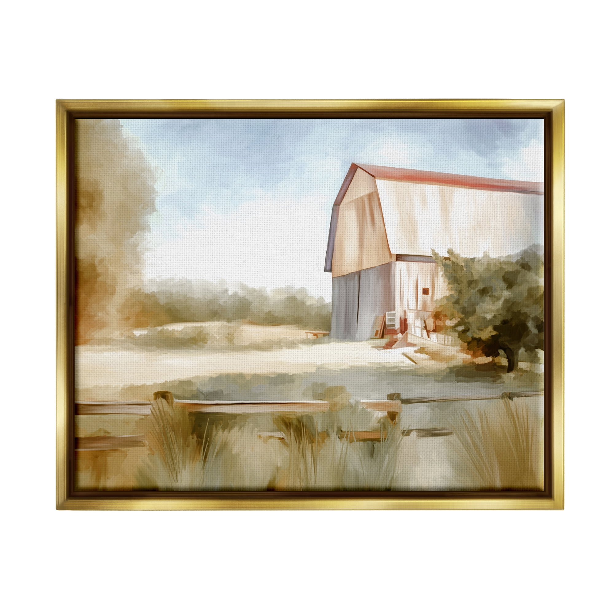 Stupell Industries Barn in Rural Farmland Nature Painting Gold Floater Framed Art Print Wall Art, 21 x 17