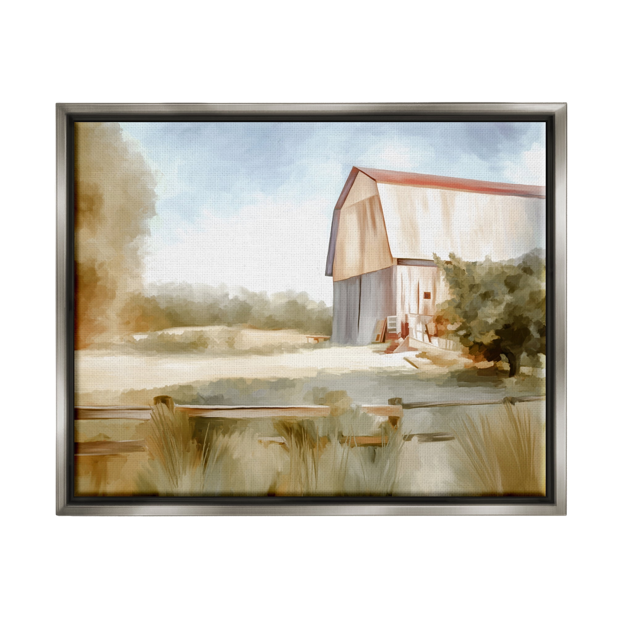 Stupell Industries Barn in Rural Farmland Nature Painting Gray Floater Framed Art Print Wall Art, 21 x 17
