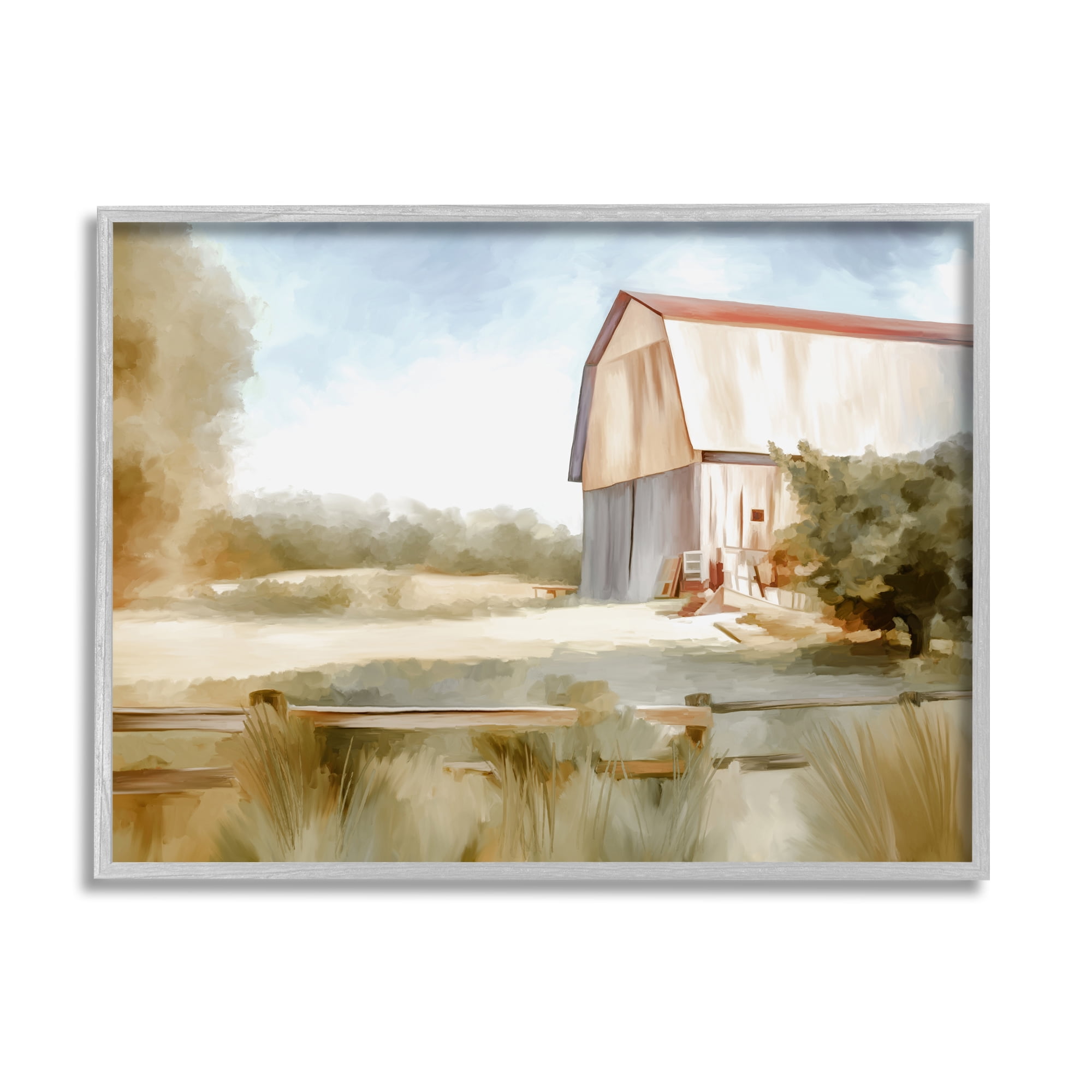 Stupell Industries Barn in Rural Farmland Nature Painting Gray Framed Art Print Wall Art, 14 x 11