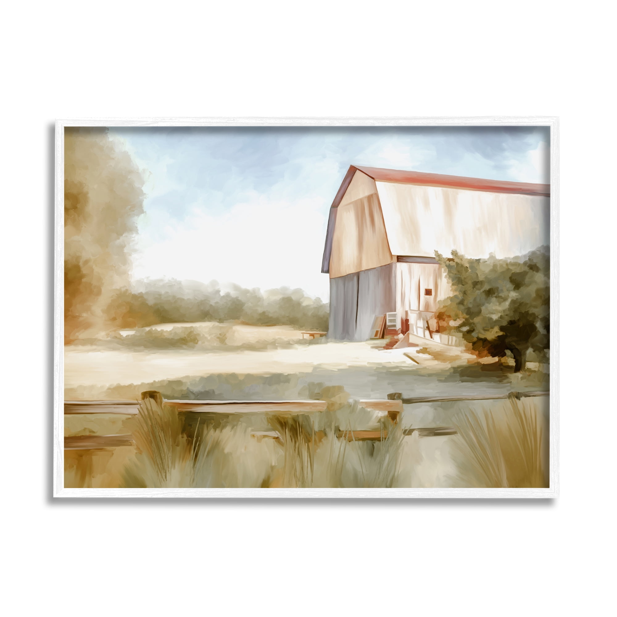 Stupell Industries Barn in Rural Farmland Nature Painting White Framed Art Print Wall Art, 14 x 11