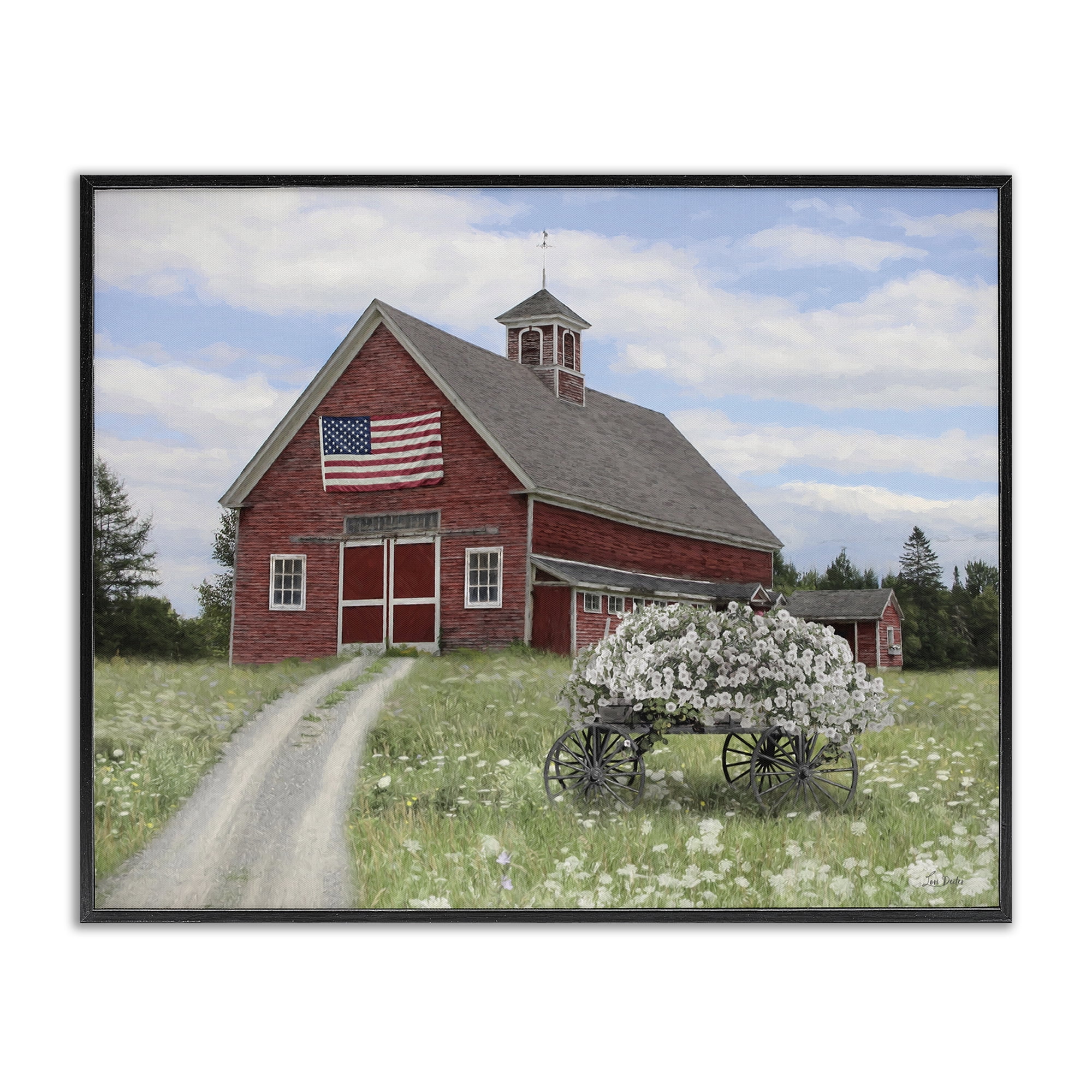 Stupell Industries Barn with Floral Wagon Patriotic Painting Black Framed Art Print Wall Art, 20 x 16