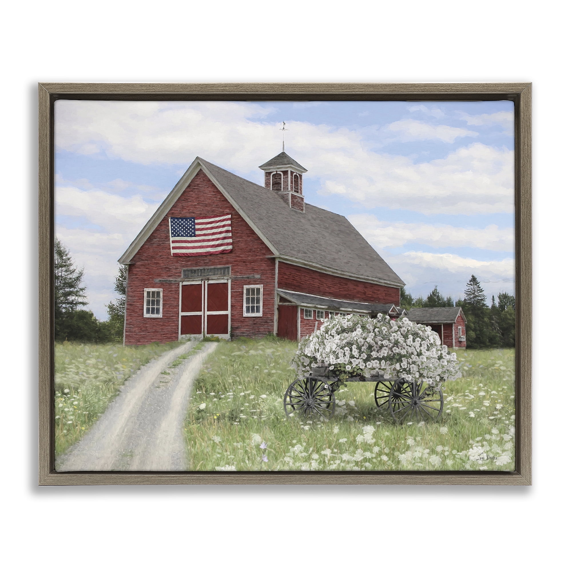 Stupell Industries Barn with Floral Wagon Patriotic Painting Brown Floater Framed Canvas Art Print Wall Art, 21 x 17