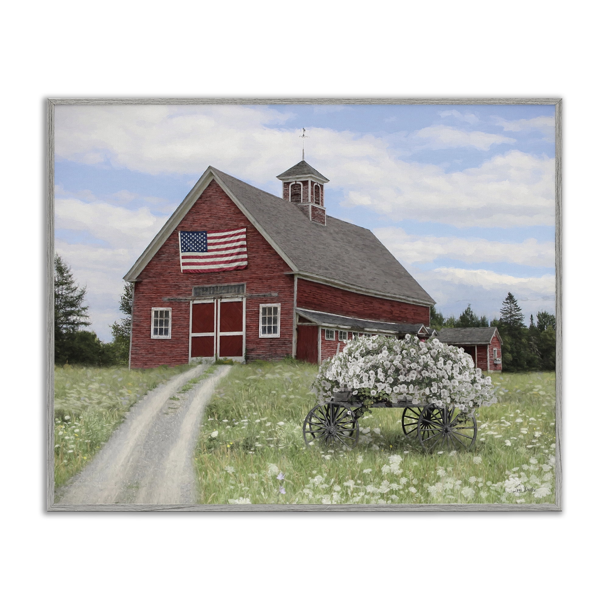 Stupell Industries Barn with Floral Wagon Patriotic Painting Gray Framed Art Print Wall Art, 14 x 11