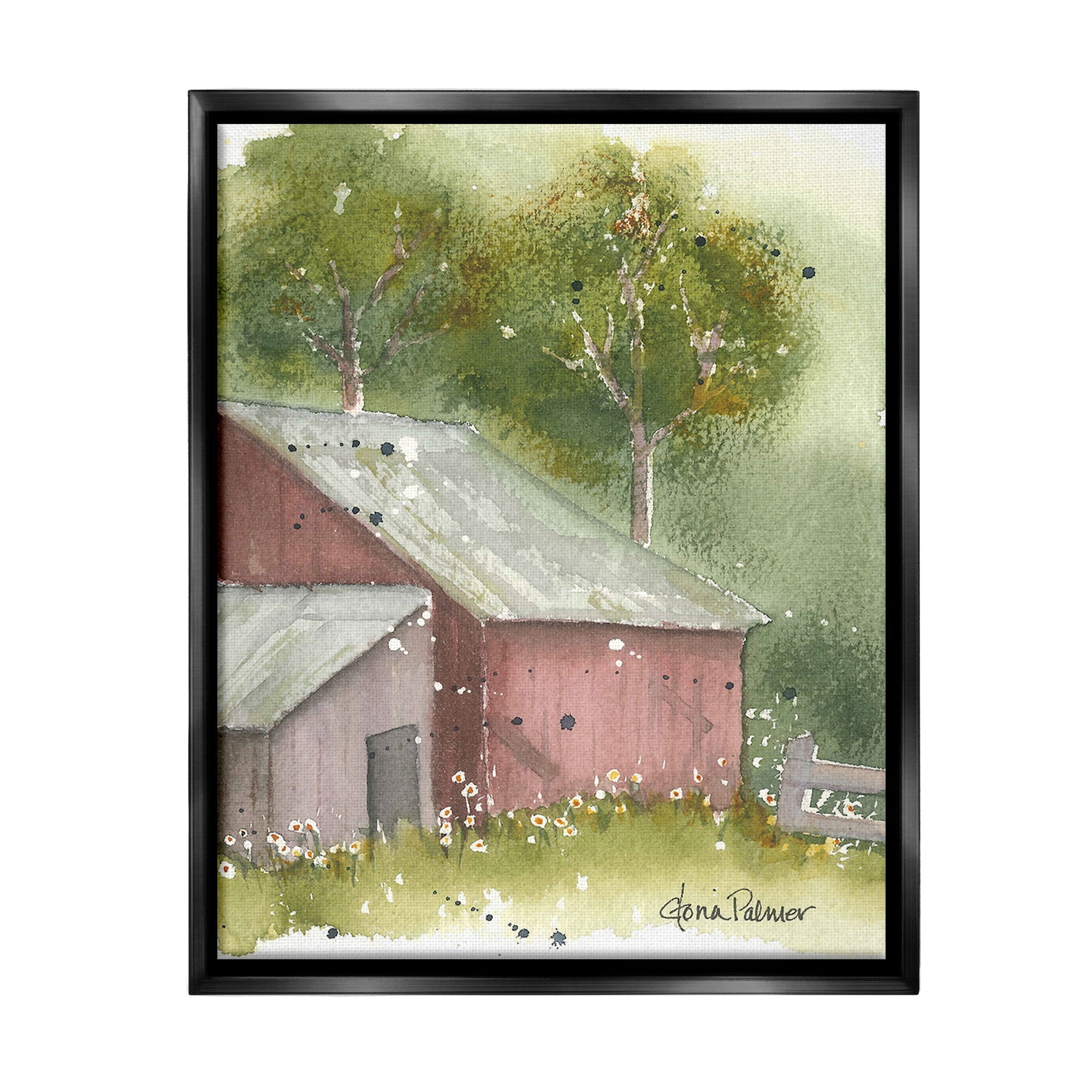 Stupell Industries Barn with Spring Florals Landscape Painting Black Floater Framed Canvas Art Print Wall Art, 17 x 21