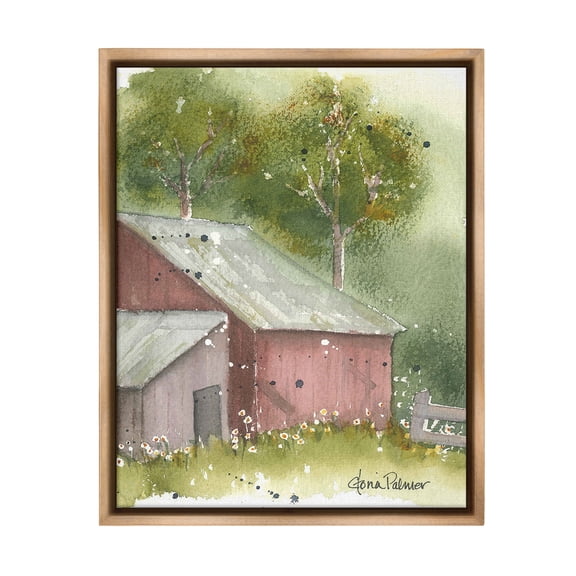 Stupell Industries Barn with Spring Florals Landscape Painting Brown Floater Framed Canvas Art Print Wall Art, 17 x 21