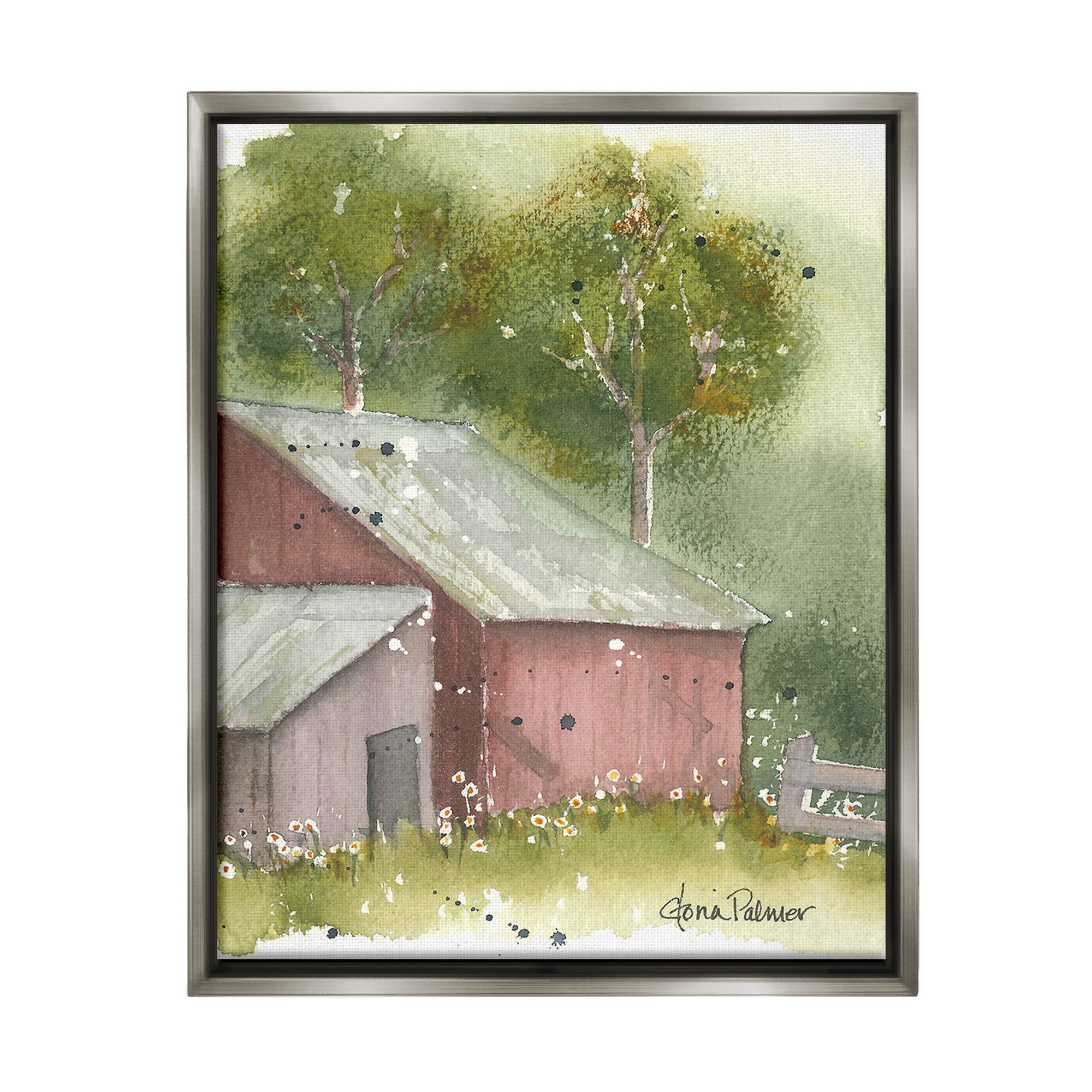 Stupell Industries Barn with Spring Florals Landscape Painting Gray Floater Framed Canvas Art Print Wall Art, 25 x 31