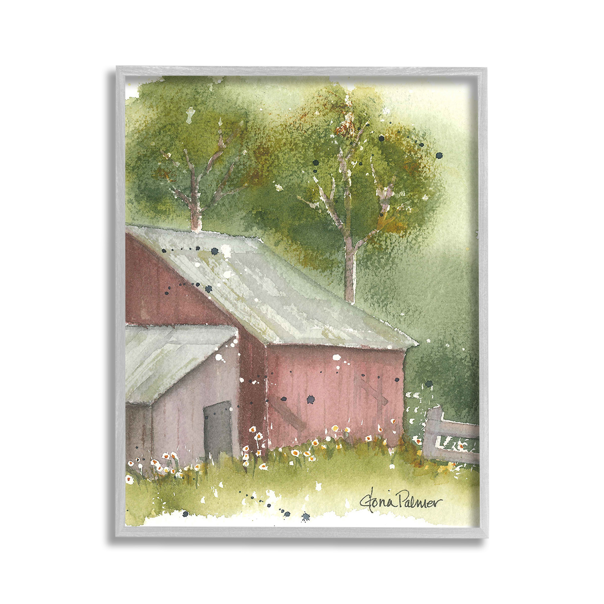 Stupell Industries Barn with Spring Florals Landscape Painting Gray Framed Art Print Wall Art, 11 x 14