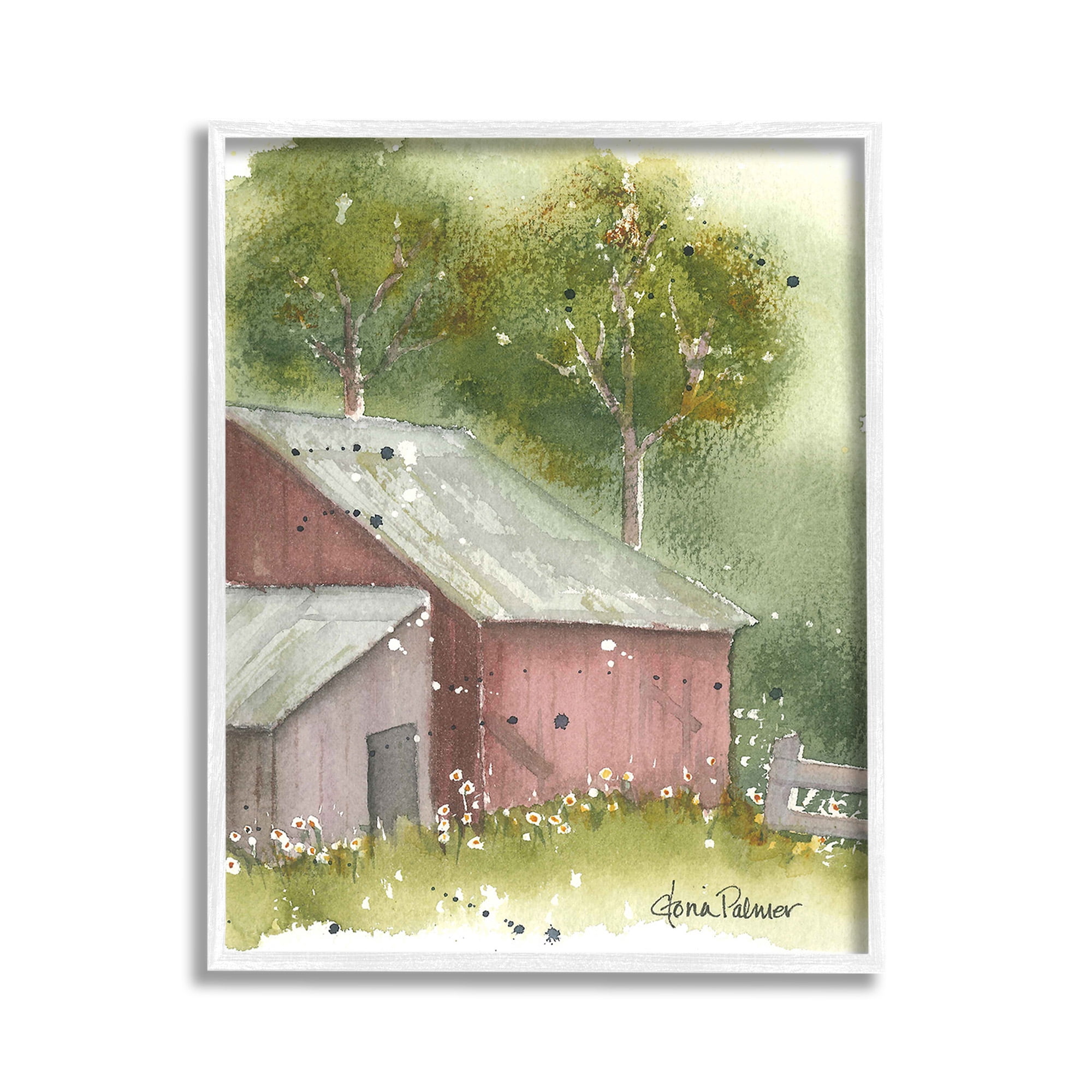 Stupell Industries Barn with Spring Florals Landscape Painting White Framed Art Print Wall Art, 11 x 14
