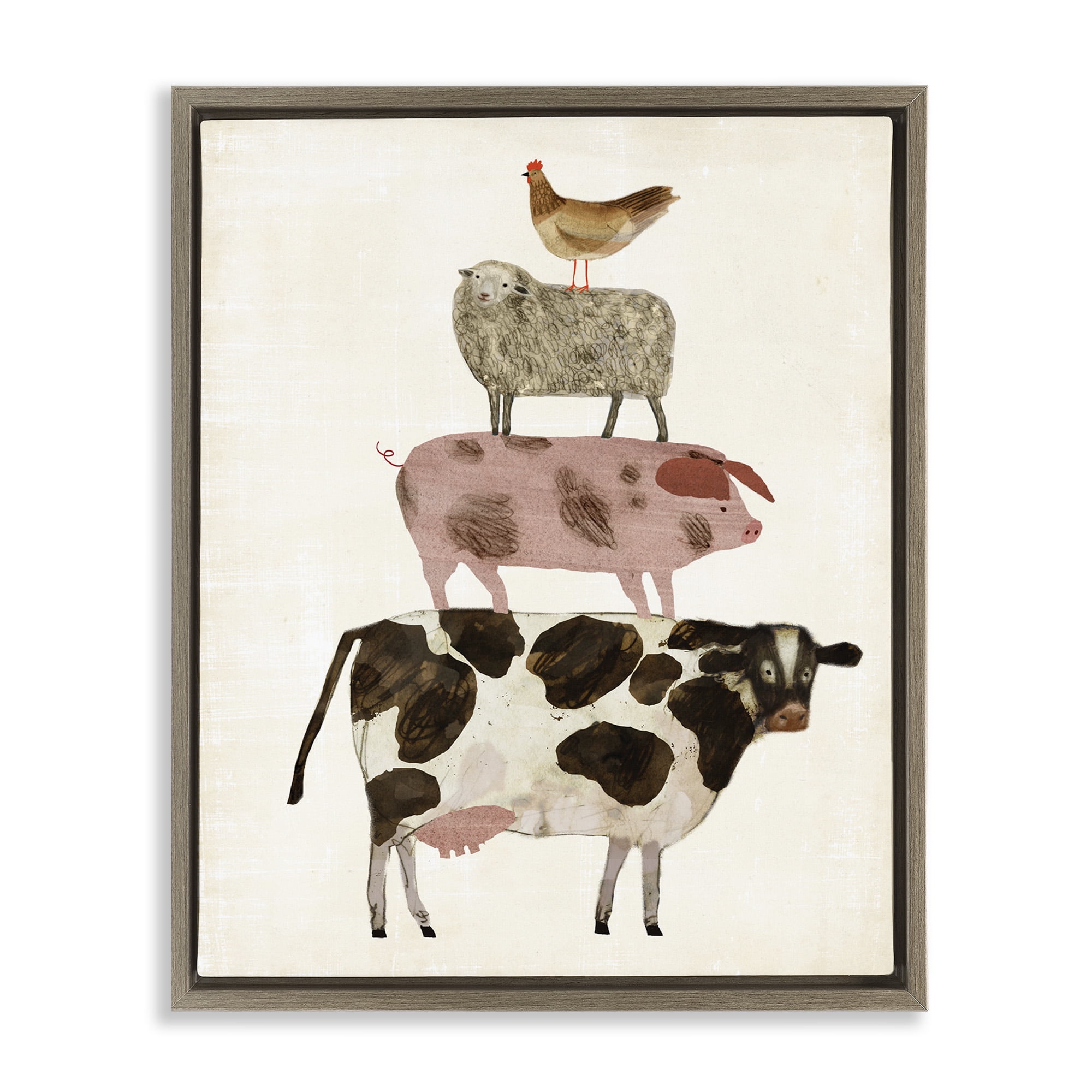 Stupell Industries Barnyard Buds Stacked Animals Animals & Insects Painting Brown Floater Framed Canvas Art Print Wall Art, 17 x 21