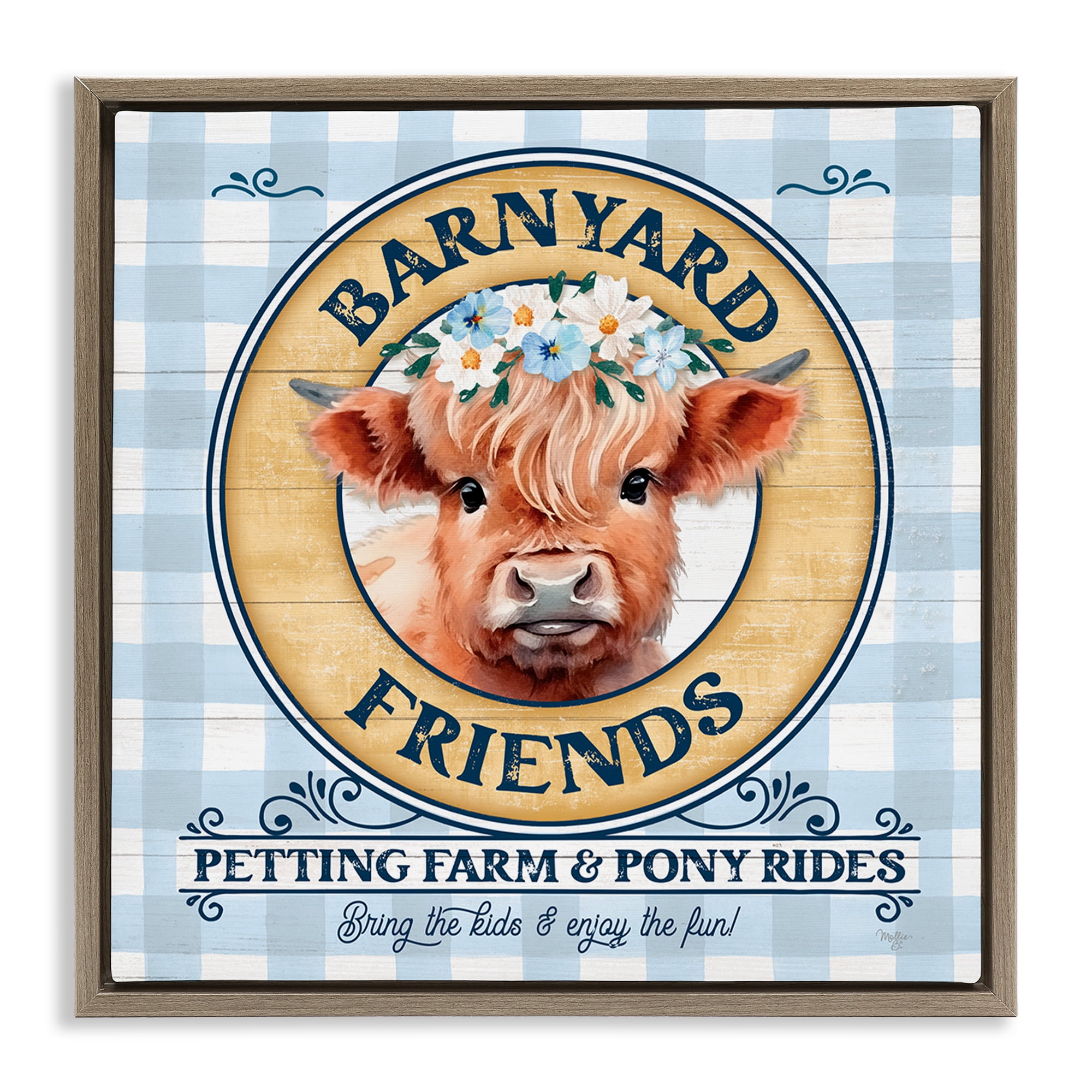Stupell Industries Barnyard Friends Plaid Animals & Insects Painting Brown Floater Framed Canvas Art Print Wall Art, 18 x 18