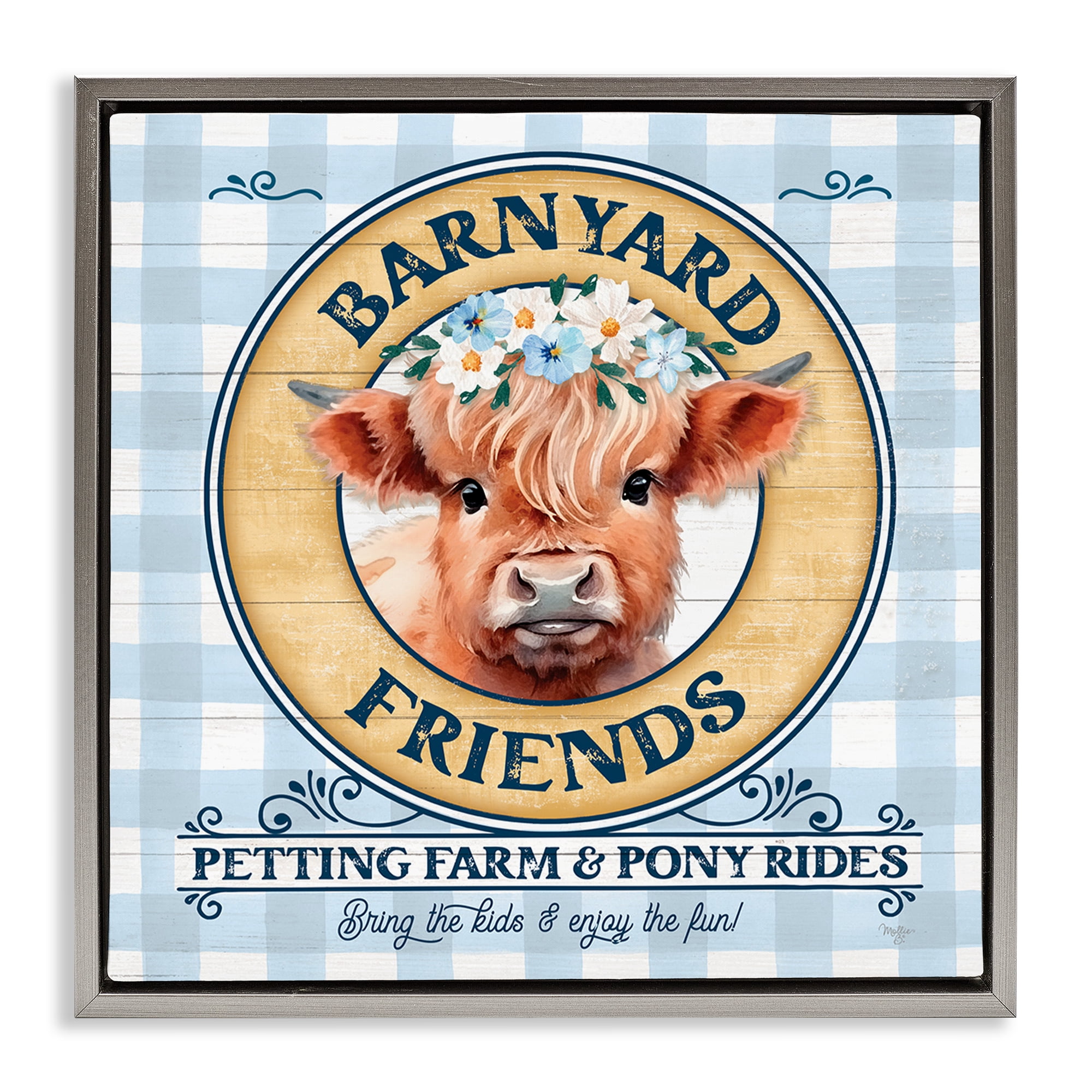 Stupell Industries Barnyard Friends Plaid Animals & Insects Painting Gray Floater Framed Canvas Art Print Wall Art, 18 x 18
