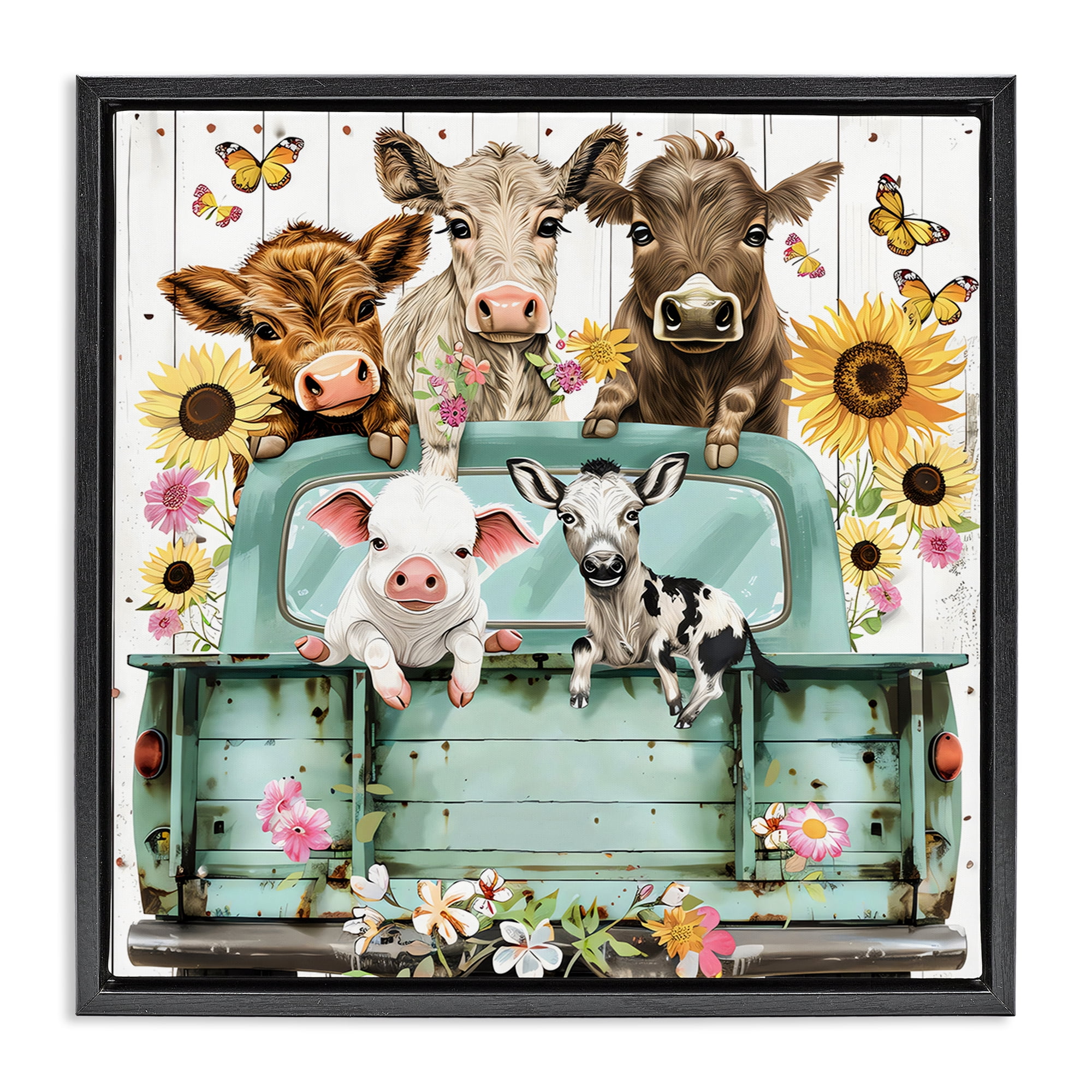 Stupell Industries Barnyard Friends in Vintage Truck Black Framed Floater Canvas Wall Art, design by Creative Studio