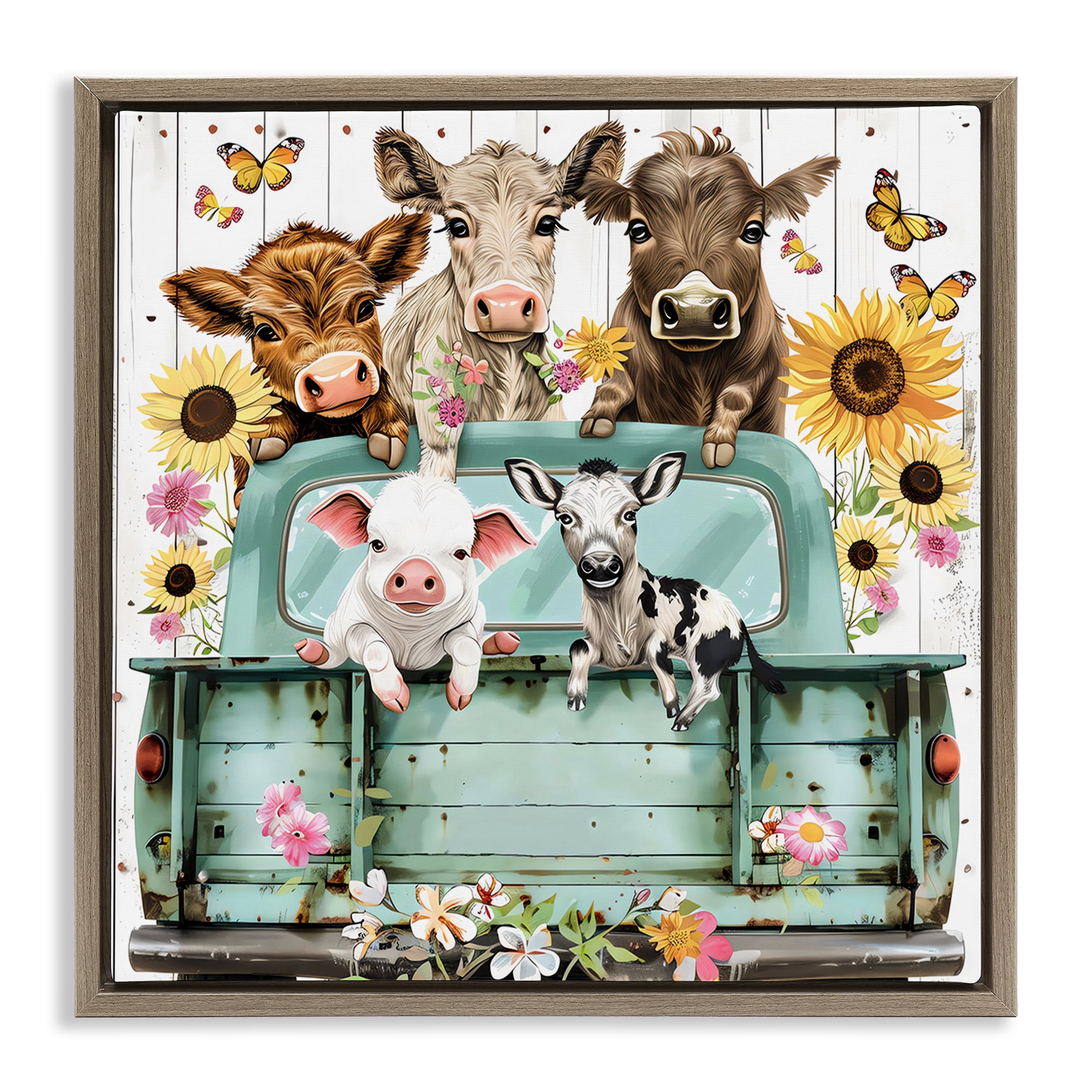 Stupell Industries Barnyard Friends in Vintage Truck Brown Framed Floater Canvas Wall Art, design by Creative Studio