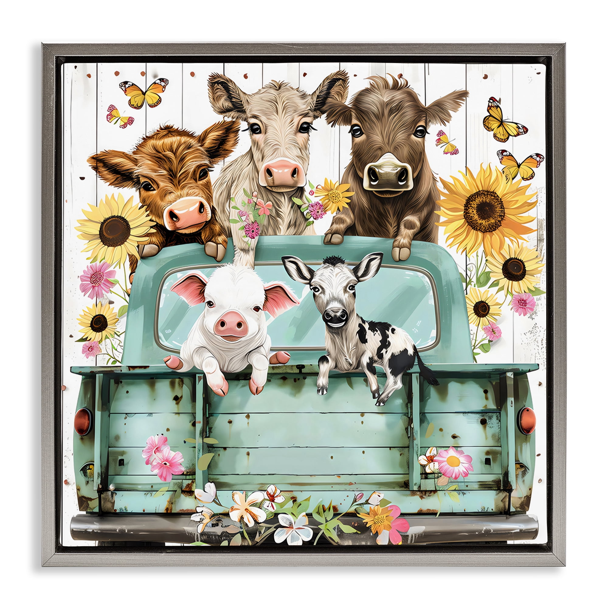 Stupell Industries Barnyard Friends in Vintage Truck Gray Framed Floater Canvas Wall Art, design by Creative Studio