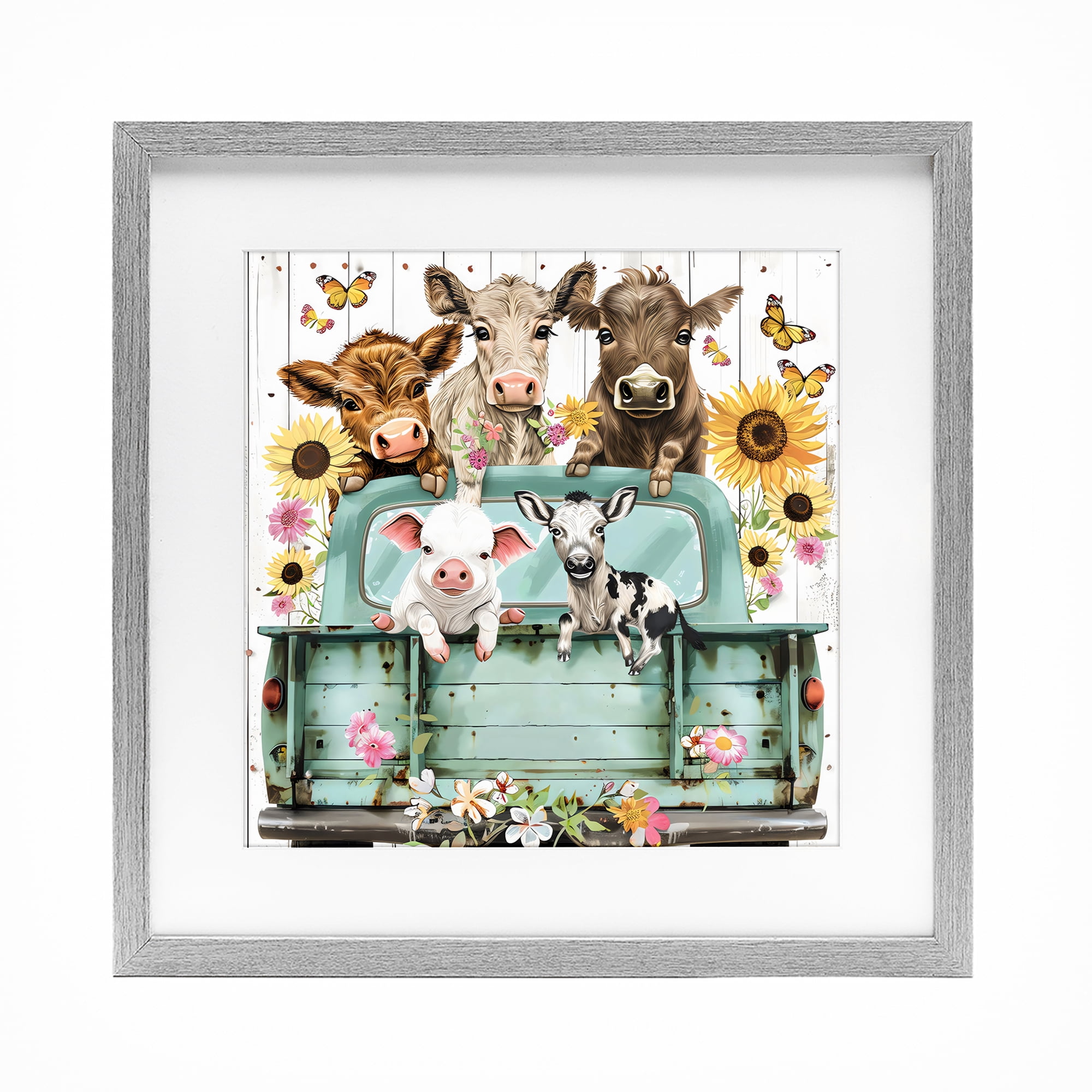 Stupell Industries Barnyard Friends in Vintage Truck Gray Framed Print Under Glass, design by Creative Studio