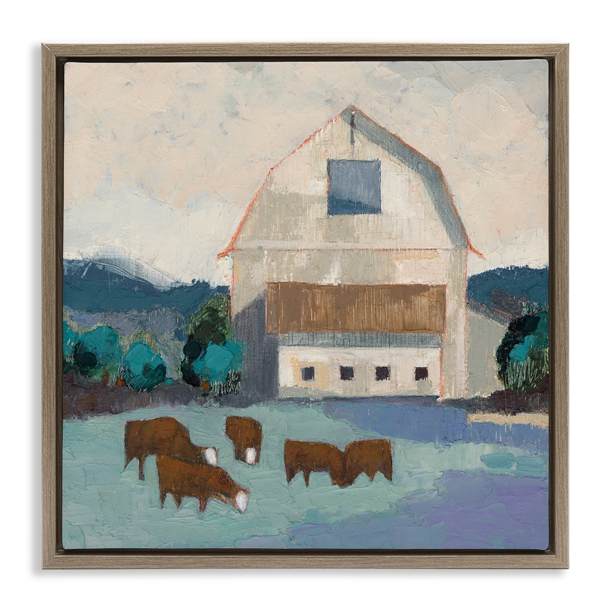 Stupell Industries Barnyard Grazing Cattle Landscape Painting Brown Floater Framed Canvas Art Print Wall Art, 25 x 25
