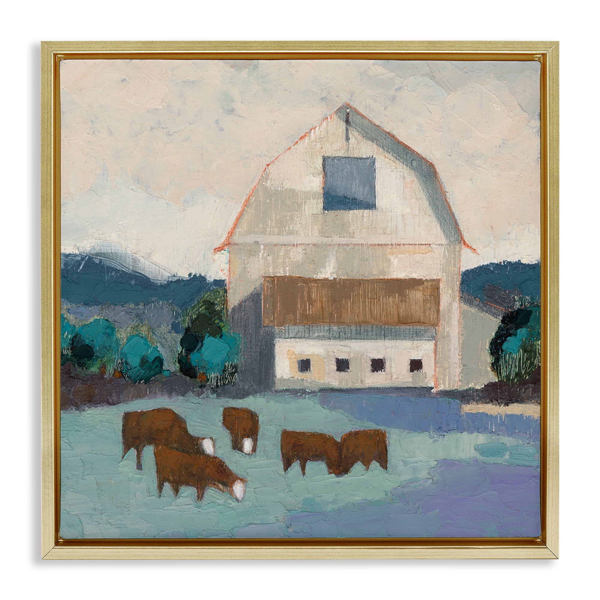 Stupell Industries Barnyard Grazing Cattle Landscape Painting Gold Floater Framed Canvas Art Print Wall Art, 18 x 18