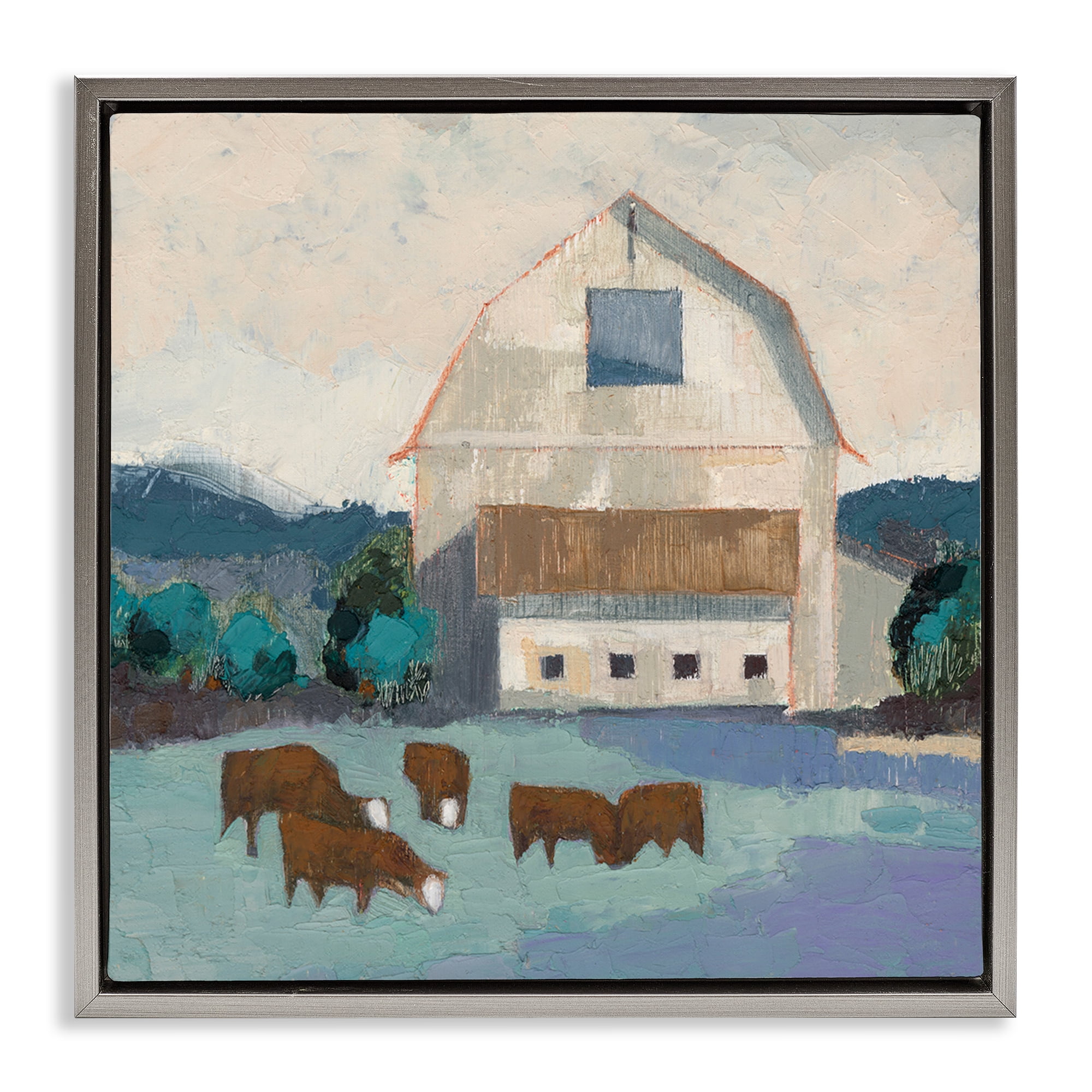 Stupell Industries Barnyard Grazing Cattle Landscape Painting Gray Floater Framed Canvas Art Print Wall Art, 25 x 25