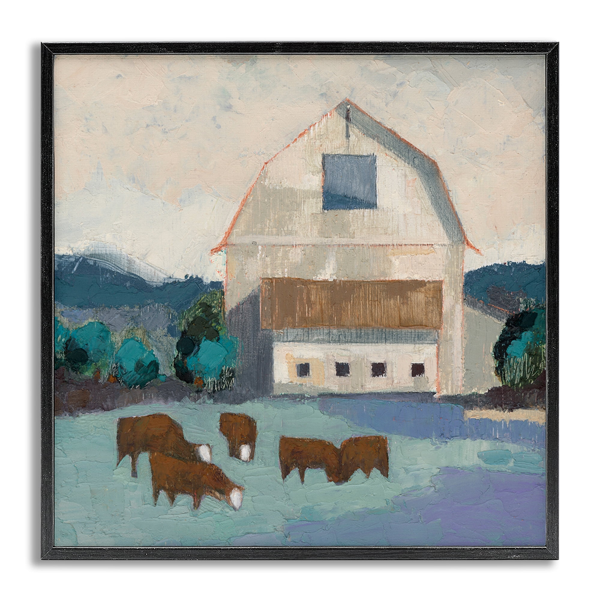 Stupell Industries Barnyard Grazing Cattle Landscape Painting Gray Framed Art Print Wall Art, 12 x 12