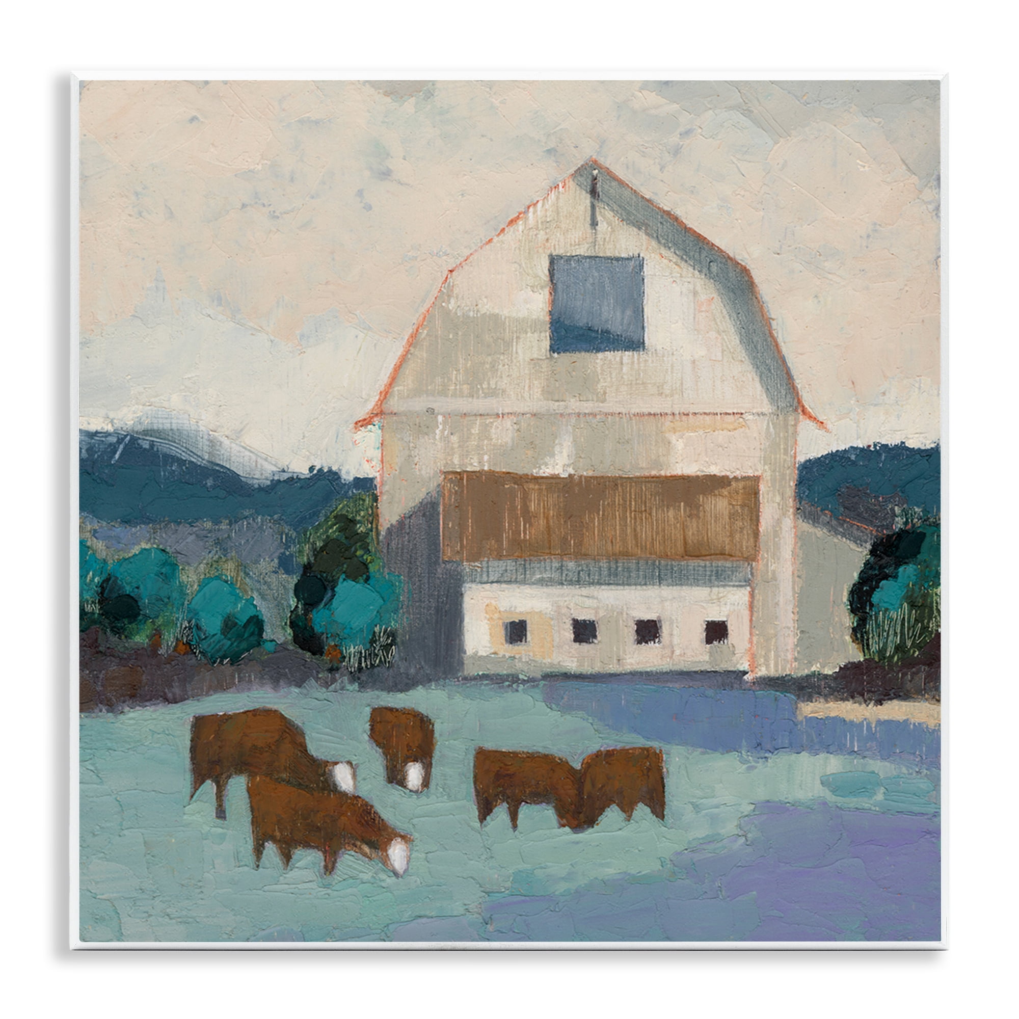 Stupell Industries Barnyard Grazing Cattle Landscape Painting Unframed Art Print Wall Art, 12 x 12
