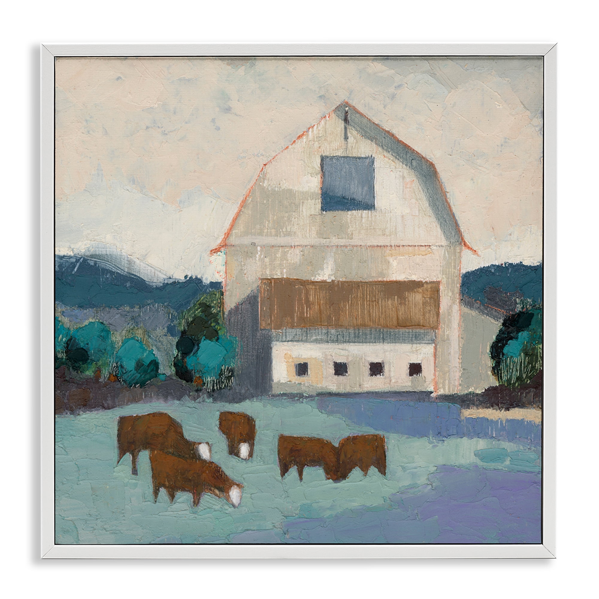 Stupell Industries Barnyard Grazing Cattle Landscape Painting White Framed Art Print Wall Art, 12 x 12