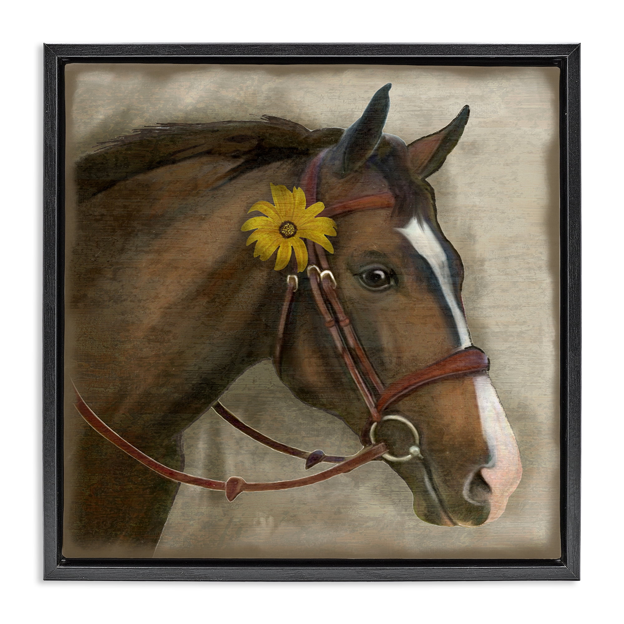 Stupell Industries Barnyard Horse with Daisy Black Framed Floater Canvas Wall Art, design by Suzanne Nicoll