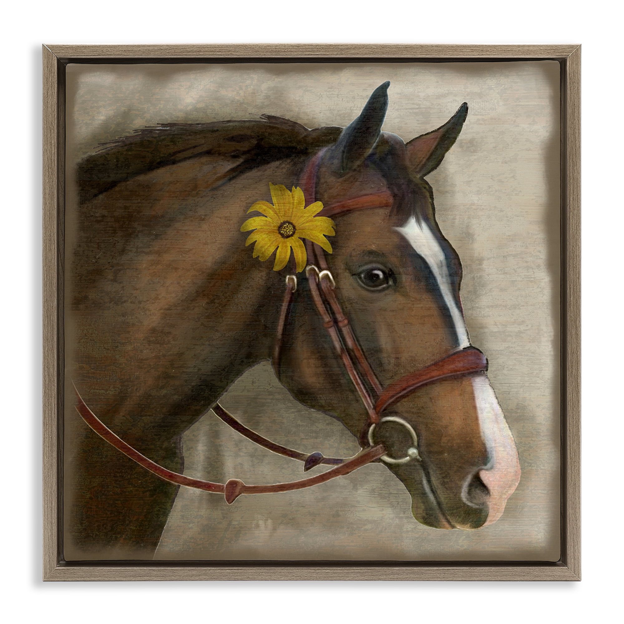 Stupell Industries Barnyard Horse with Daisy Brown Framed Floater Canvas Wall Art, design by Suzanne Nicoll