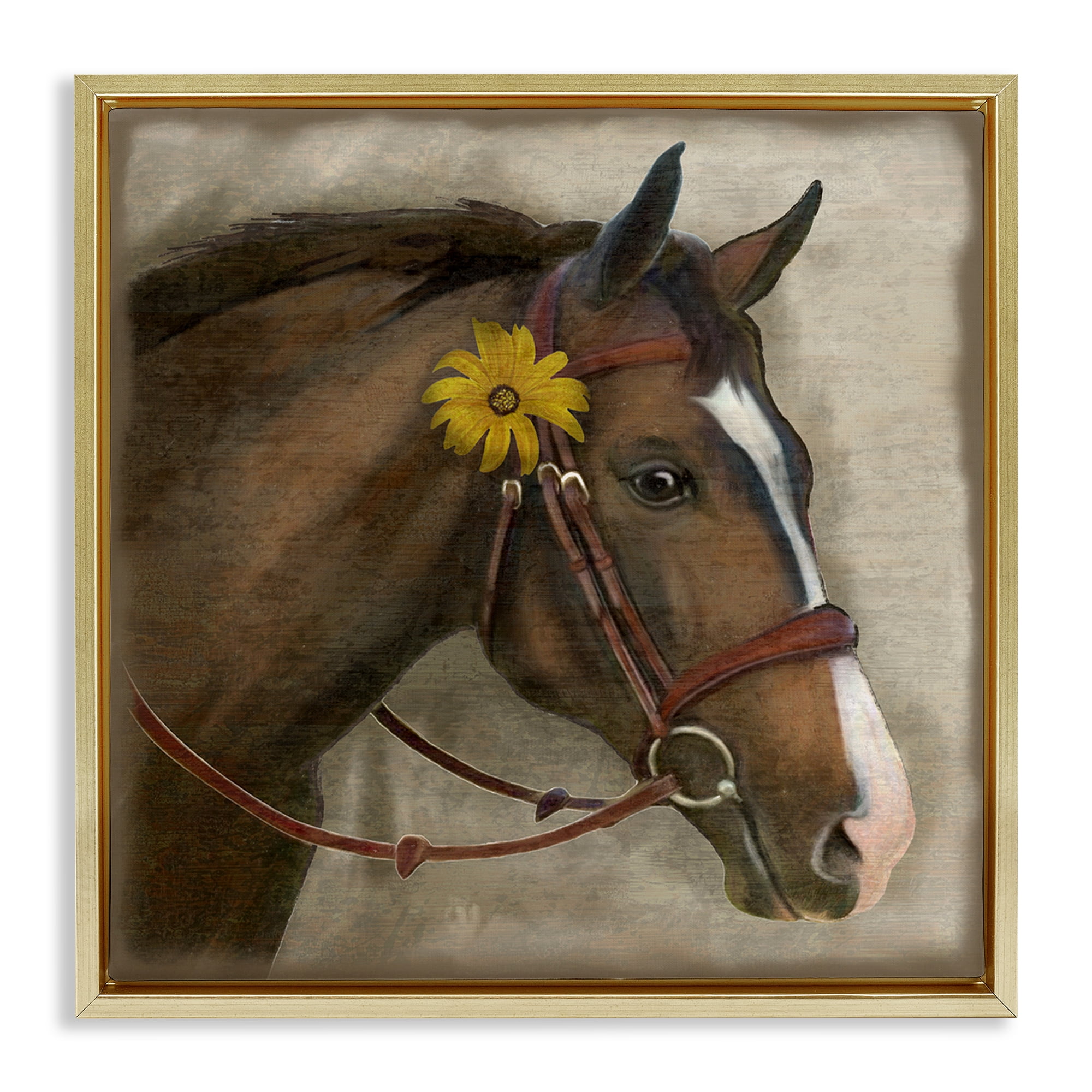 Stupell Industries Barnyard Horse with Daisy Gold Framed Floater Canvas Wall Art, design by Suzanne Nicoll