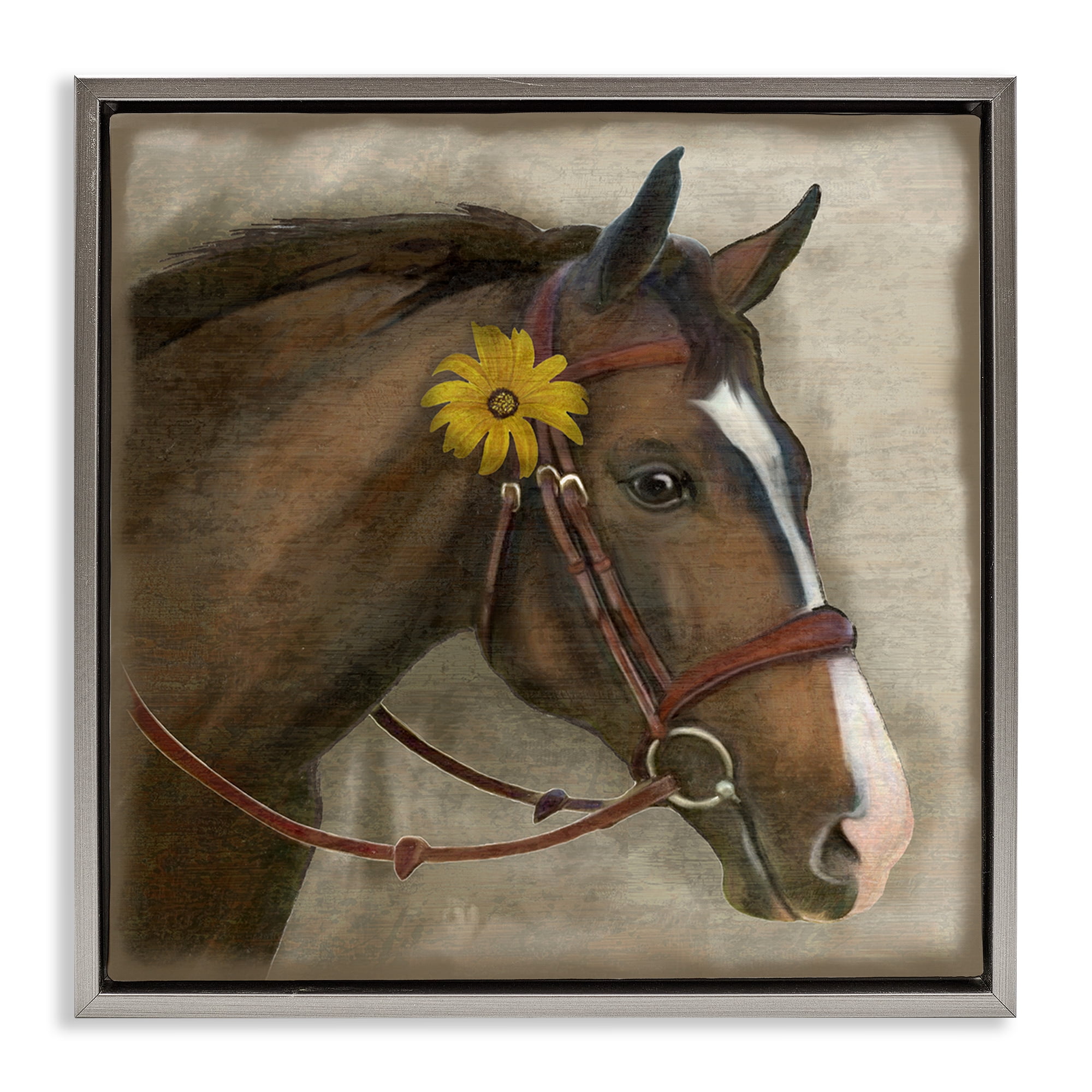 Stupell Industries Barnyard Horse with Daisy Gray Framed Floater Canvas Wall Art, design by Suzanne Nicoll