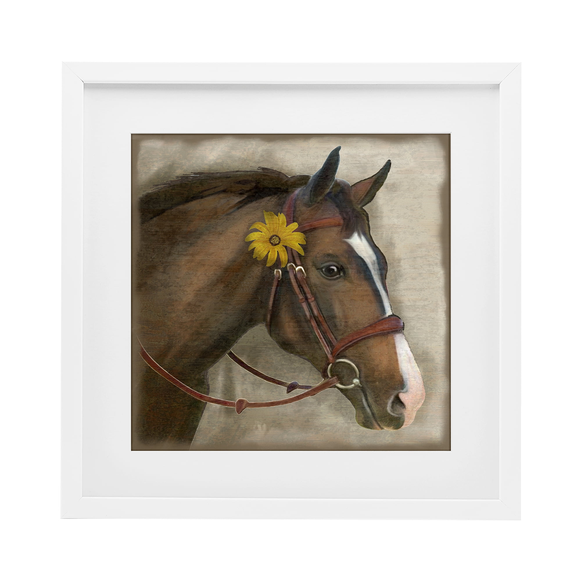 Stupell Industries Barnyard Horse with Daisy White Framed Print Under Glass, design by Suzanne Nicoll