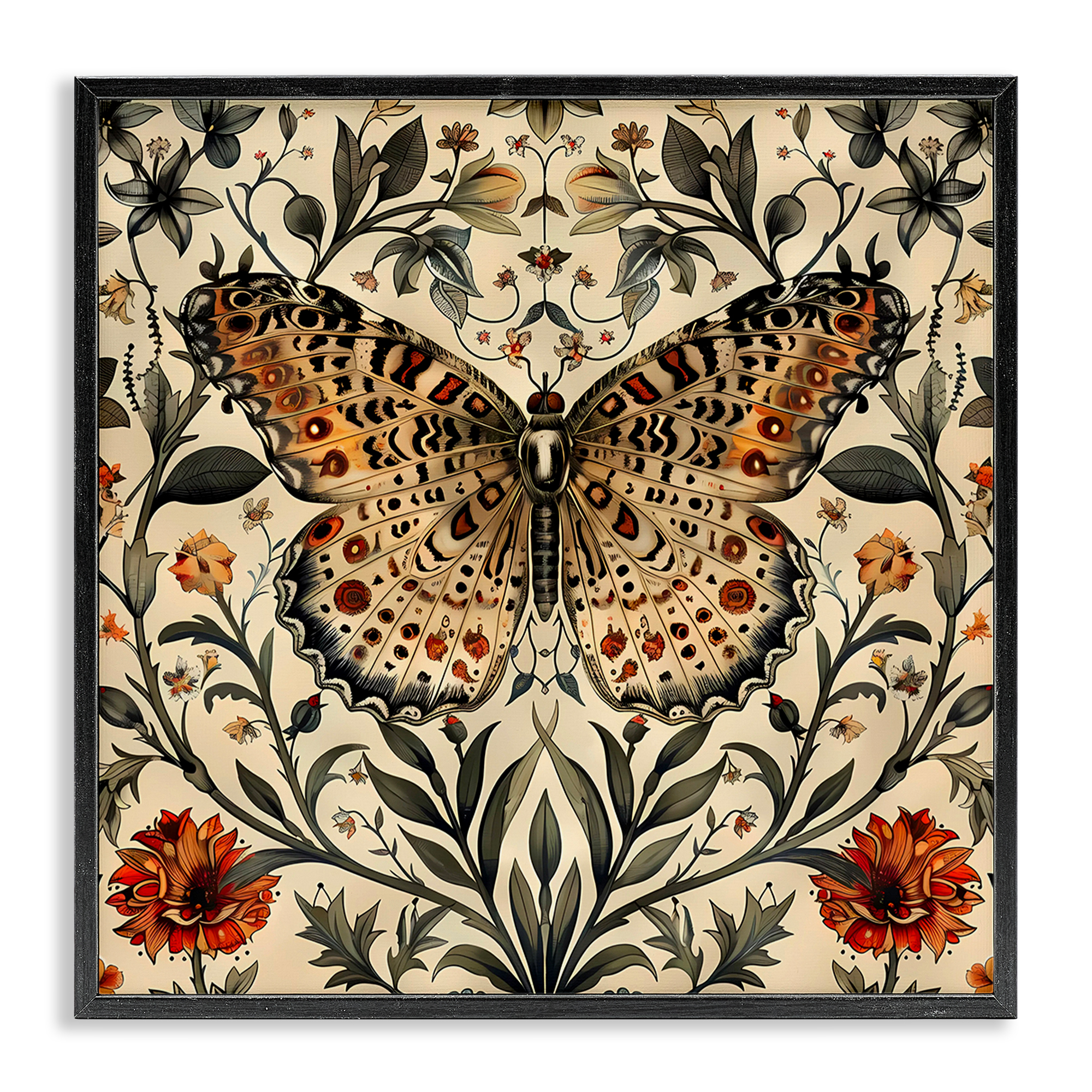 Stupell Industries Baroque Butterfly & Botanicals Animals Painting Black Framed Art Print Wall Art, 24 x 24