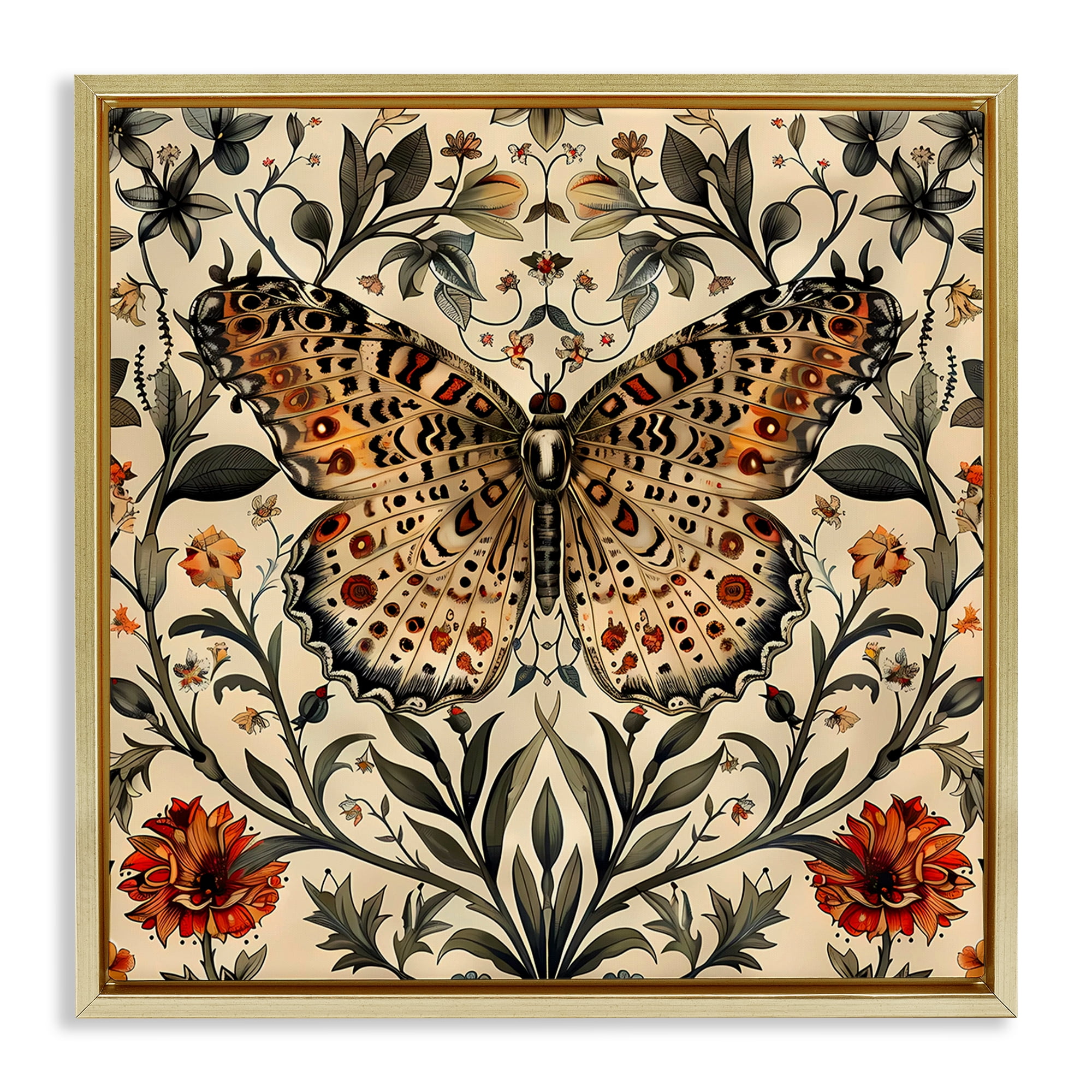 Stupell Industries Baroque Butterfly & Botanicals Animals Painting Gold Floater Framed Canvas Art Print Wall Art, 25 x 25