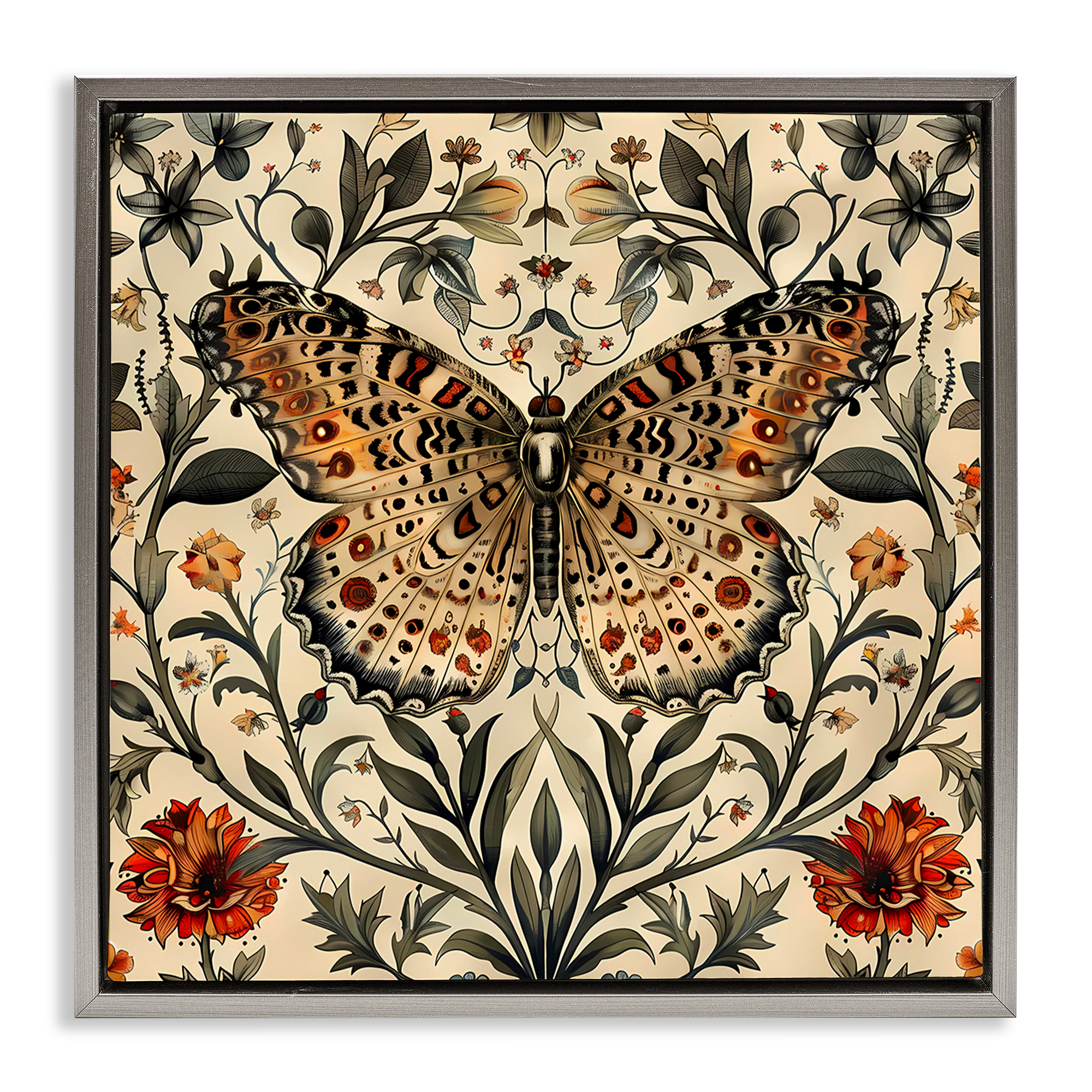 Stupell Industries Baroque Butterfly & Botanicals Animals Painting Gray Floater Framed Canvas Art Print Wall Art, 18 x 18