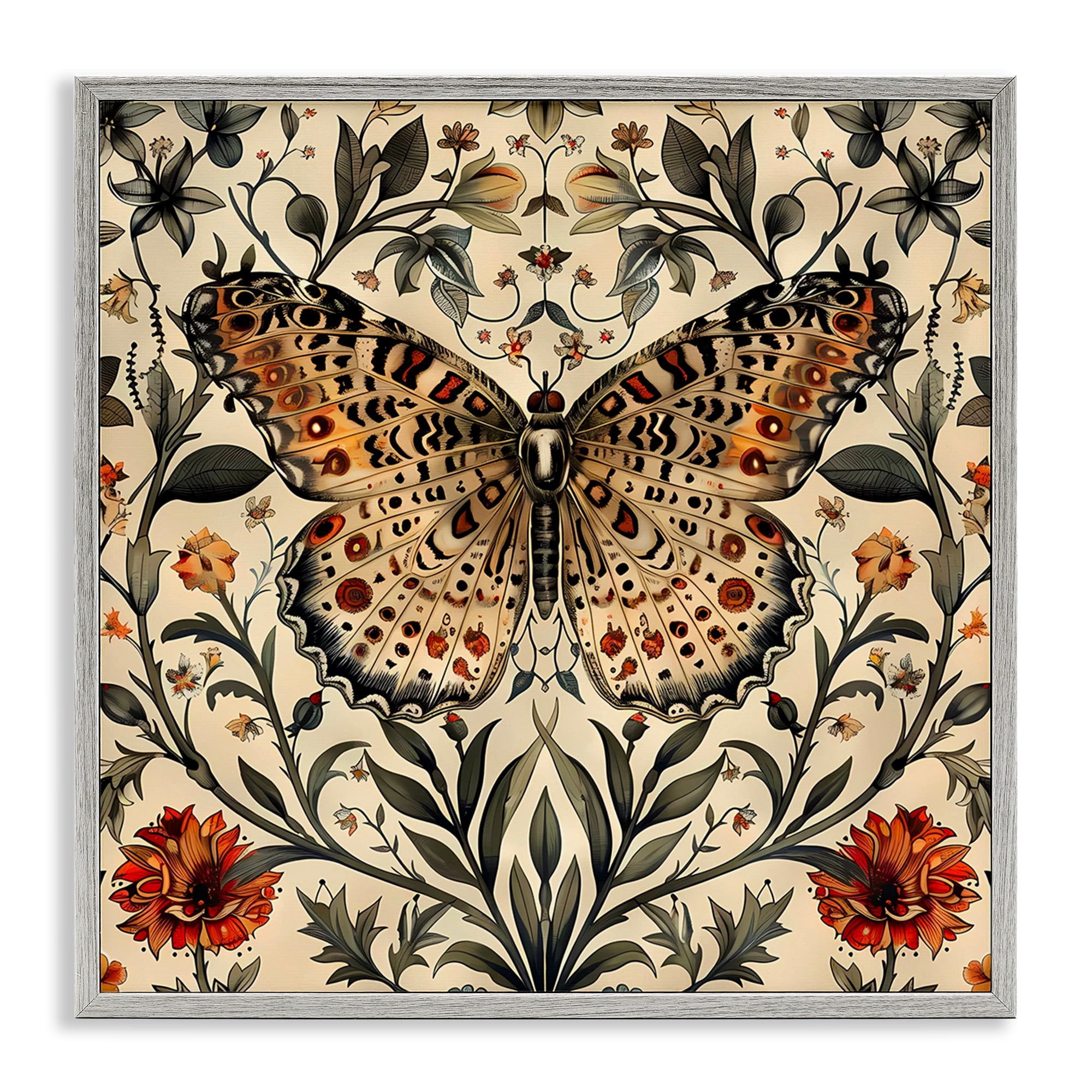 Stupell Industries Baroque Butterfly & Botanicals Animals Painting Gray Framed Art Print Wall Art, 17 x 17